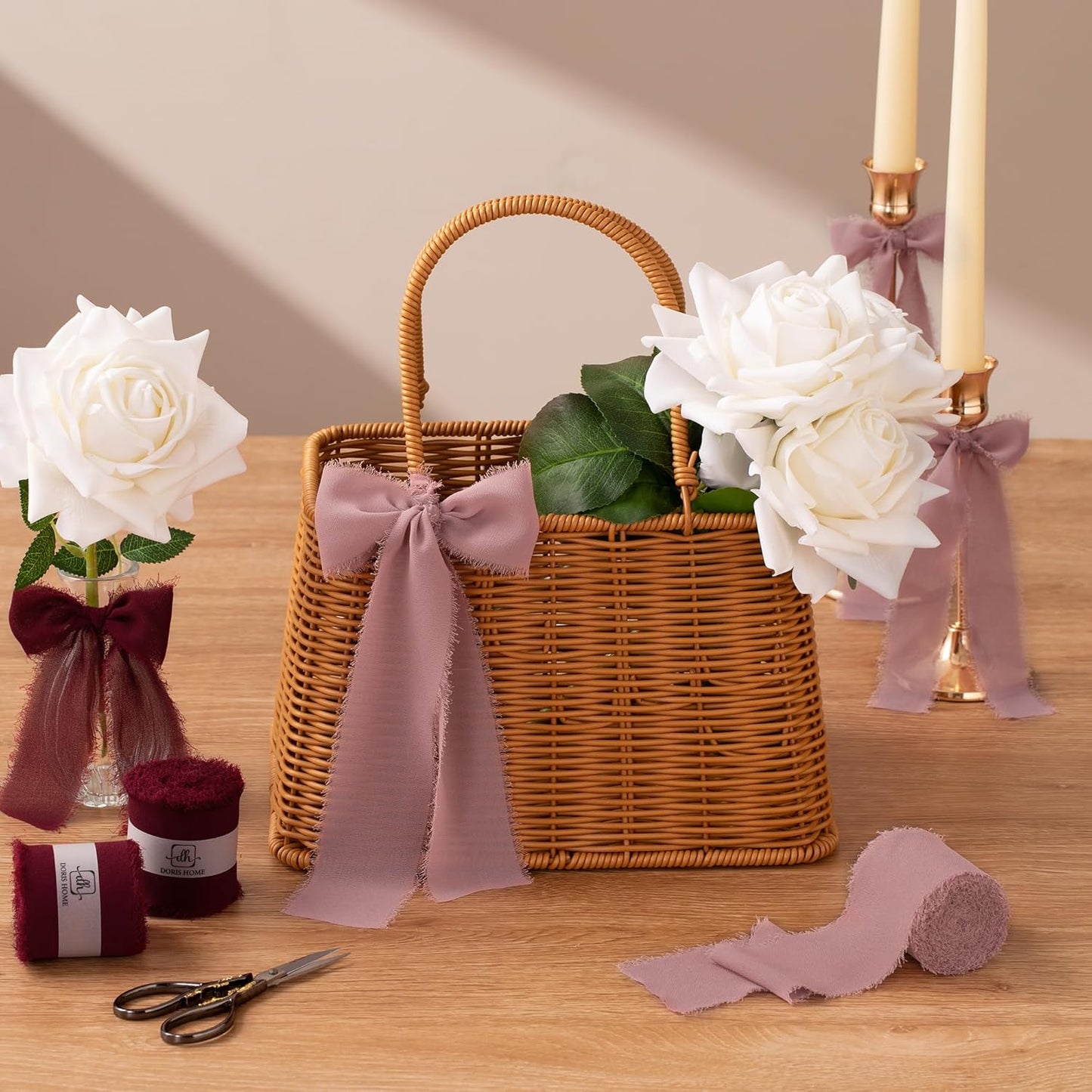 DORIS HOME Mauve Chiffon Ribbon for Flower Bouquet, 2" x21Yd Fabric Ribbon for Gift Wrapping, Handmade Frayed Ribbon for Wedding/Christmas Decorations