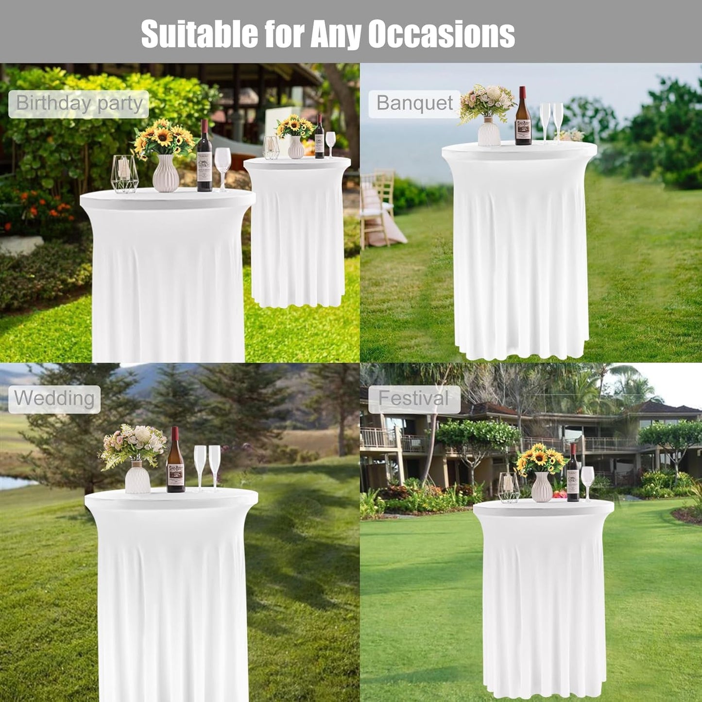 Fivenl 2 Pack Spandex Cocktail Table Skirt 32"x 43" White Stretch Cocktail Table Cover, Washable Round High Top Tablecloth for Bar, Wedding, Party, Events (White)