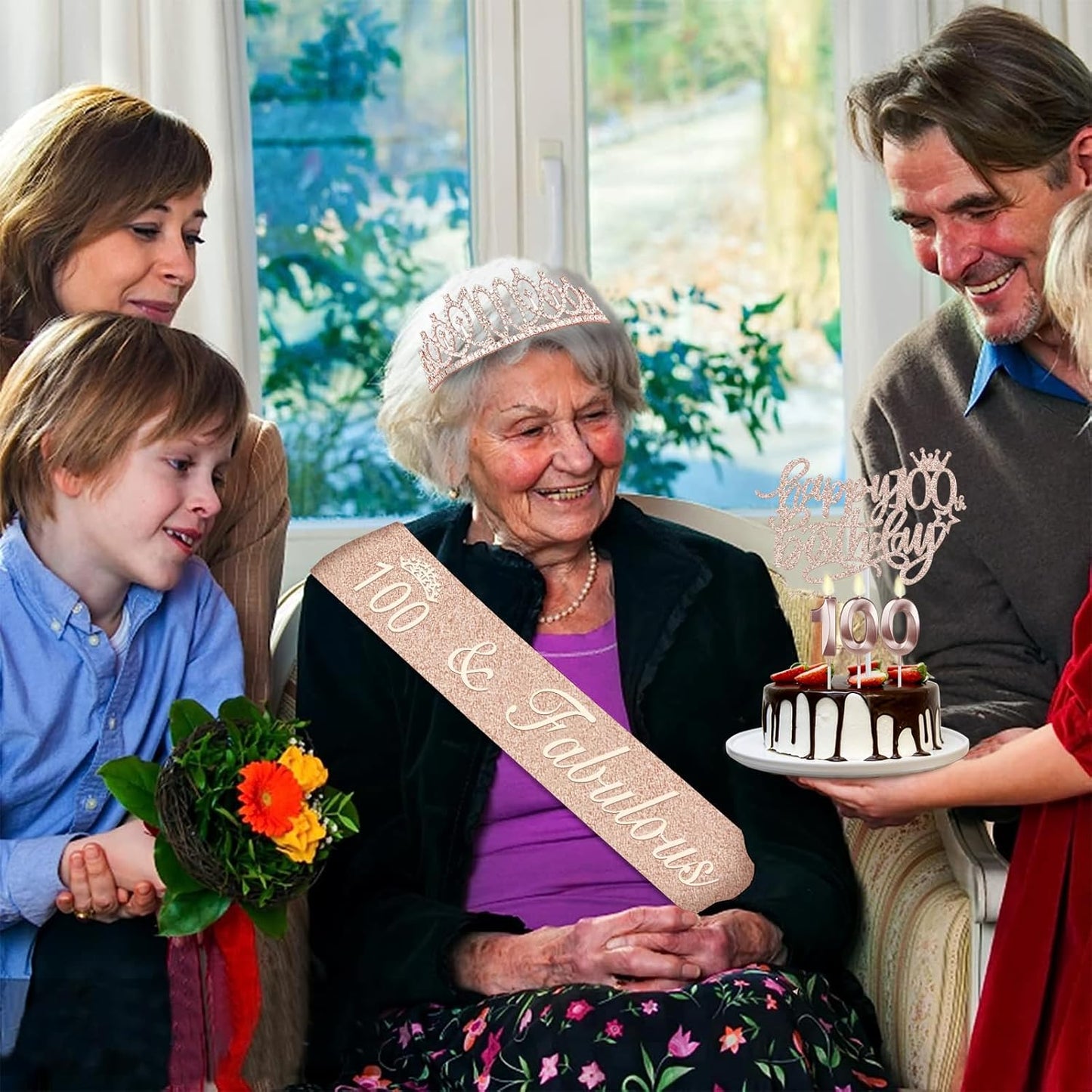 100th Birthday Decorations Women, Including Birthday Crown/Tiara, Sash, Cake Topper and Candles, Gifts for 100 Year Old Woman