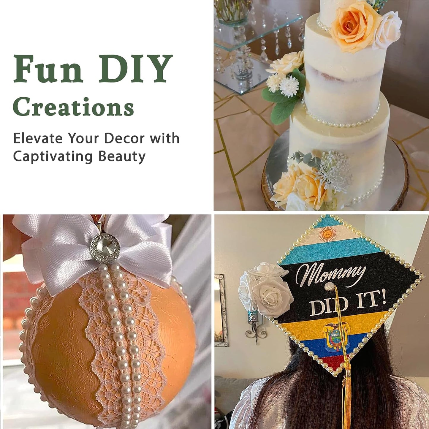 Flat Pearl Garland String 27 Yards, 6MM Half-Round Beaded Spool Roll Crafts for Wedding Decoration (Ivory)