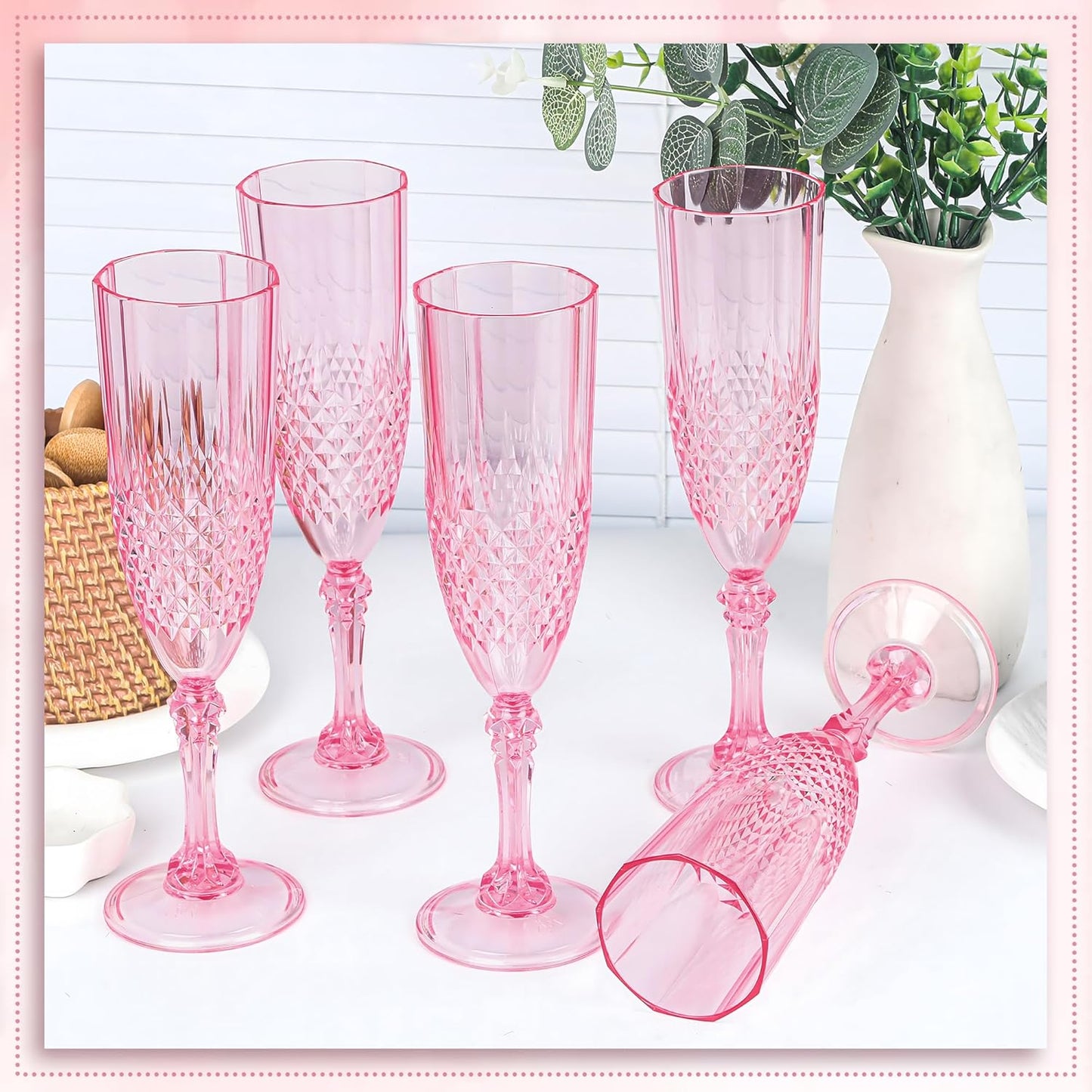 Plastic Champagne Flutes, 100PCS Pink Wine Glasses Goblets Cups Reusable Flute, for Weddings Bachelor Parties Toasting and Events(100, Pink)