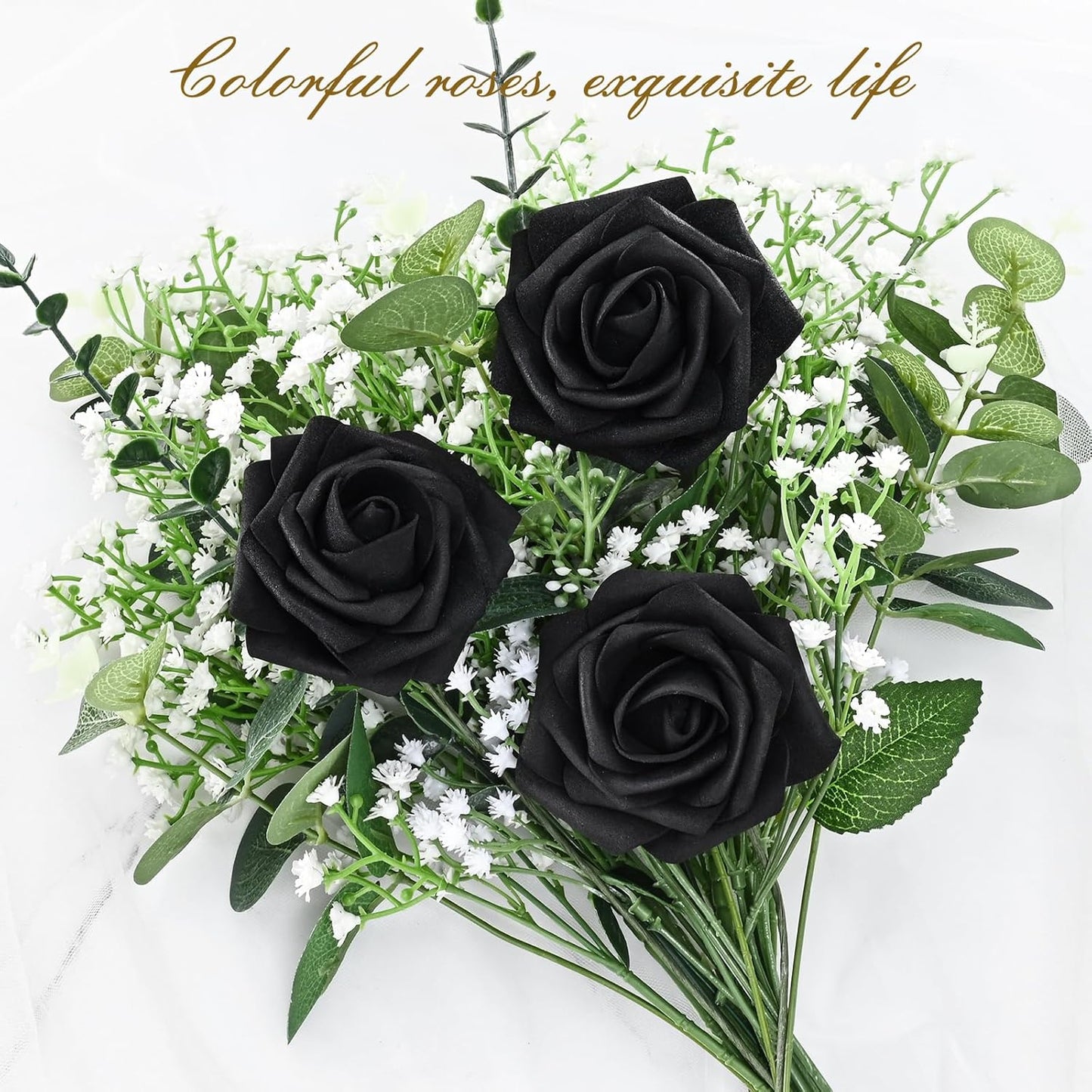 BLEUM CADE 36Pcs Artificial Flowers Fake Roses with Stems, Black Boxed Foam Roses for DIY Bouquets Centerpieces Wedding Party Arrangement Bridal Shower Decor