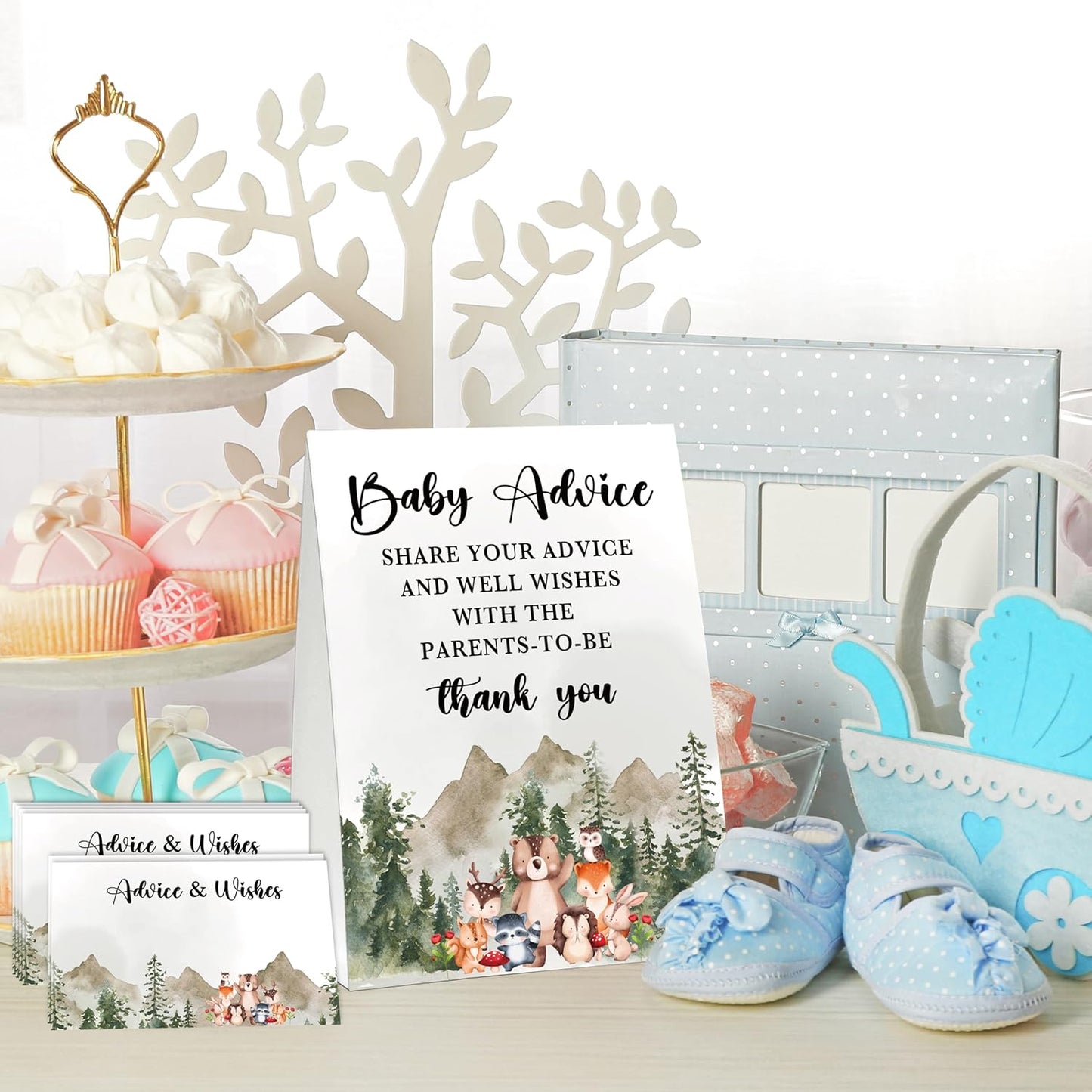 Woodland Baby Shower Game, Jungle Animal Safari 50 Baby Advice Cards with 1 Standing Sign for Gender Neutral Baby Shower - A03