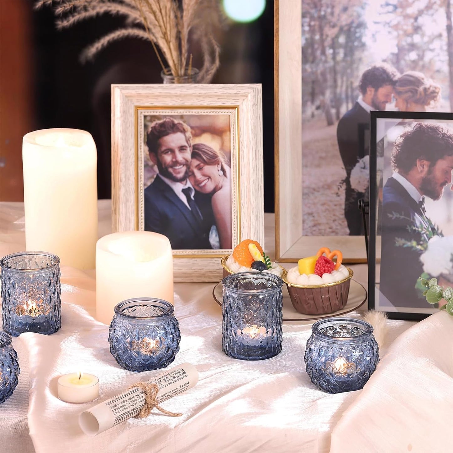 12pcs Assorted Blue Votive Candle Holders, Tea Lights Candle Holder for Wedding Decor, Blue Candle Holders for Table Centerpiece, Bridal Shower, Baby Shower Decorations