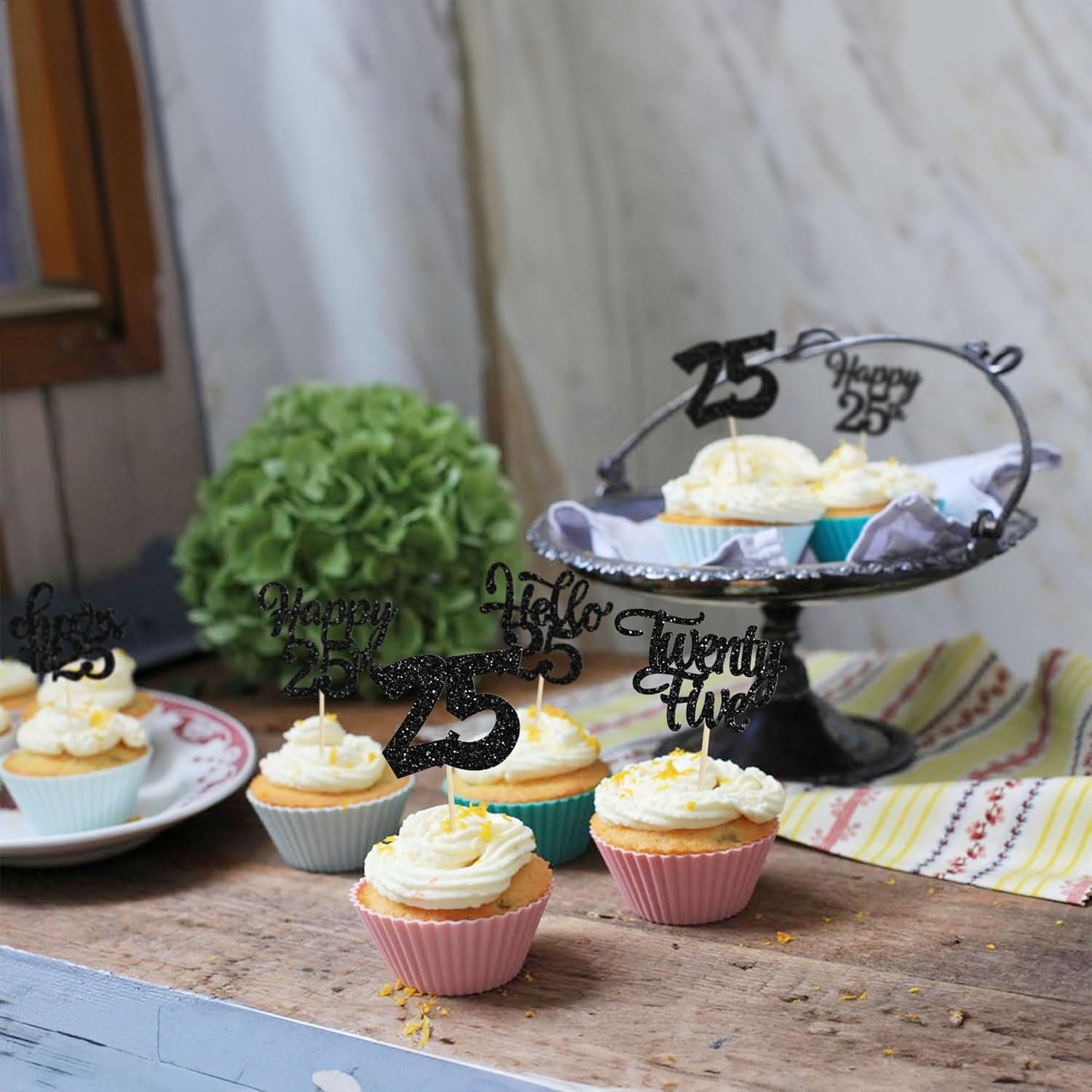 30pcs 25th Birthday Cupcake Toppers - 25th Anniversary Cake Decorations with Black Glitter