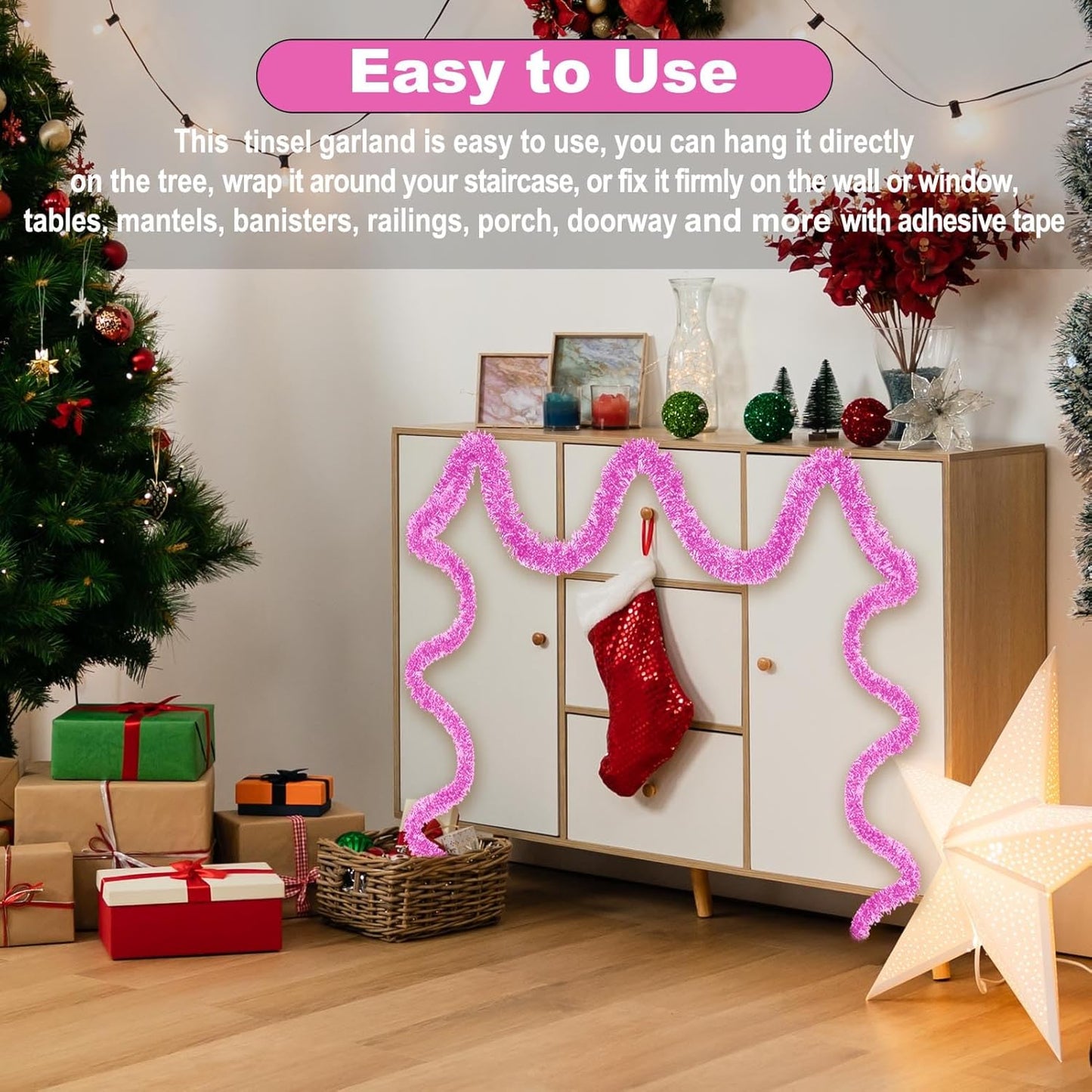 25 Feet Macaron Pink Christmas Tinsel Garland, Metallic Foil Twist Garland Wall Hanging Tinsel Banner Backdrop for Parade Floats, Easter, Mother's Day, Birthday Party Decorations (4in x 25ft)