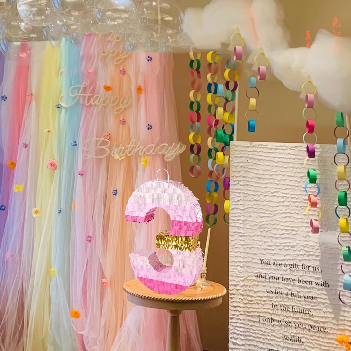 PCFING 20 Inch Number 3 Piñata Pink Gold with 30 Inch Piñata Stick Blindfold Confetti for Boys Girls Adults Birthday Party Decorations, Anniversary Celebration, Fiesta