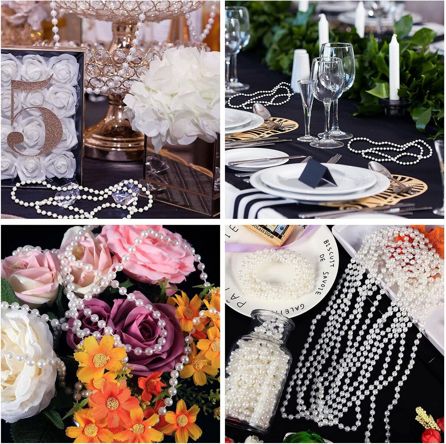 Craft String Pearls 6MM Pearl Bead, 66 Feet White Faux Pearl Garland Spool Roll Strand Wedding Party Decoration, Christmas Tree Decorations