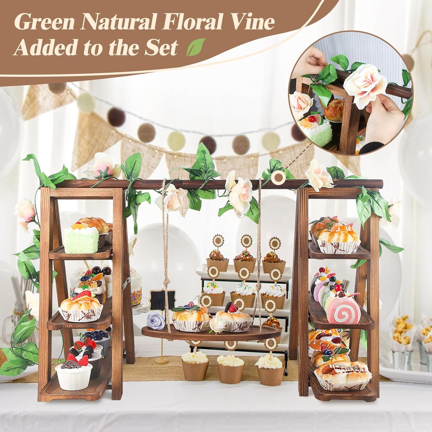 Wooden 3 Tier Cupcake Stand with Swing and Flower Decoration Serving Removable Tray Display Serving Ladder Foldable Stand with Serving Platter Tray Party Food Display Set for Cake Snack Fruit Chips Bread Centerpieces Catering