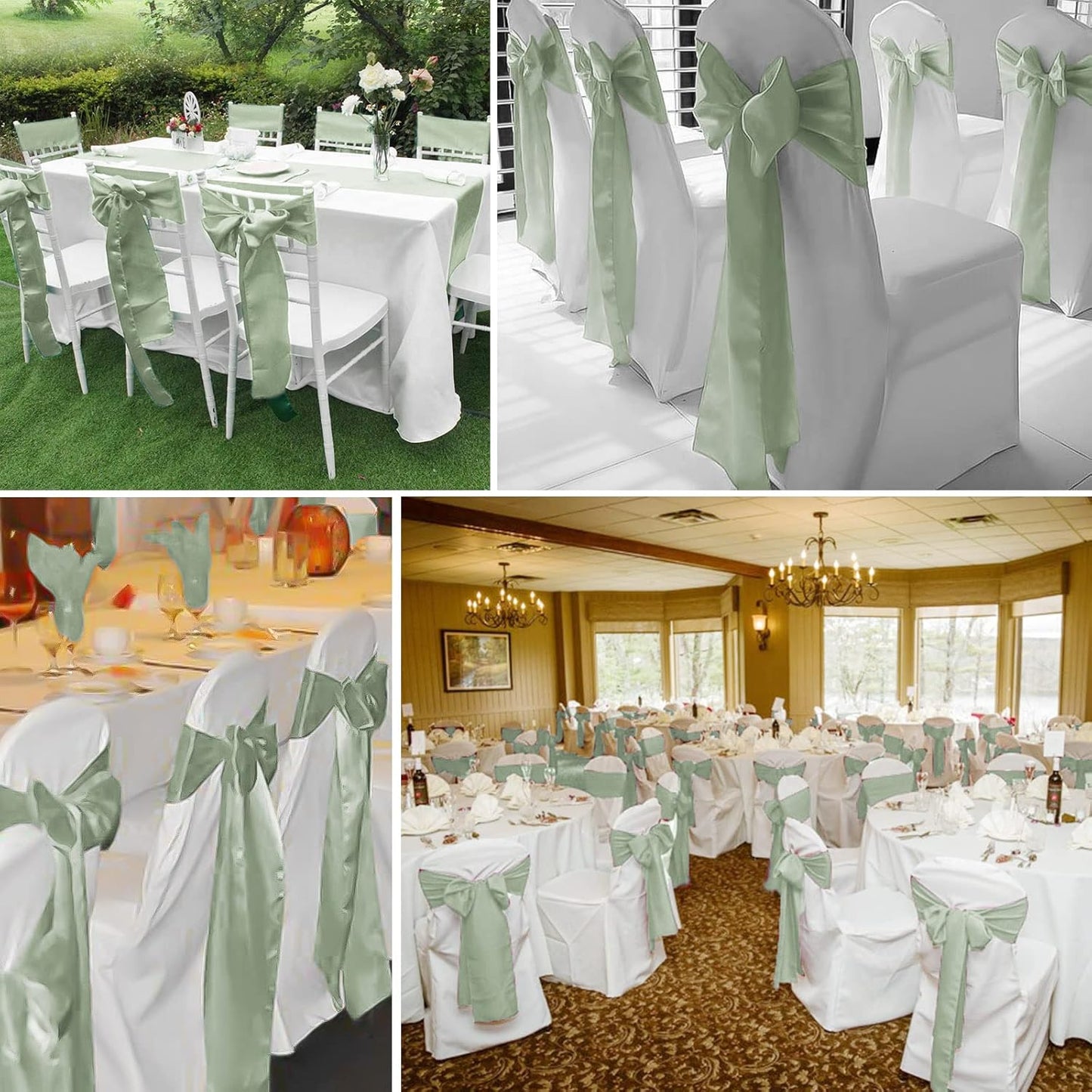fani 60 PCS Sage Green Satin Chair Sashes Bows Universal Chair Cover for Wedding Reception Restaurant Event Decoration Banquet,Party,Hotel Event Decorations (7 x 108 inch)