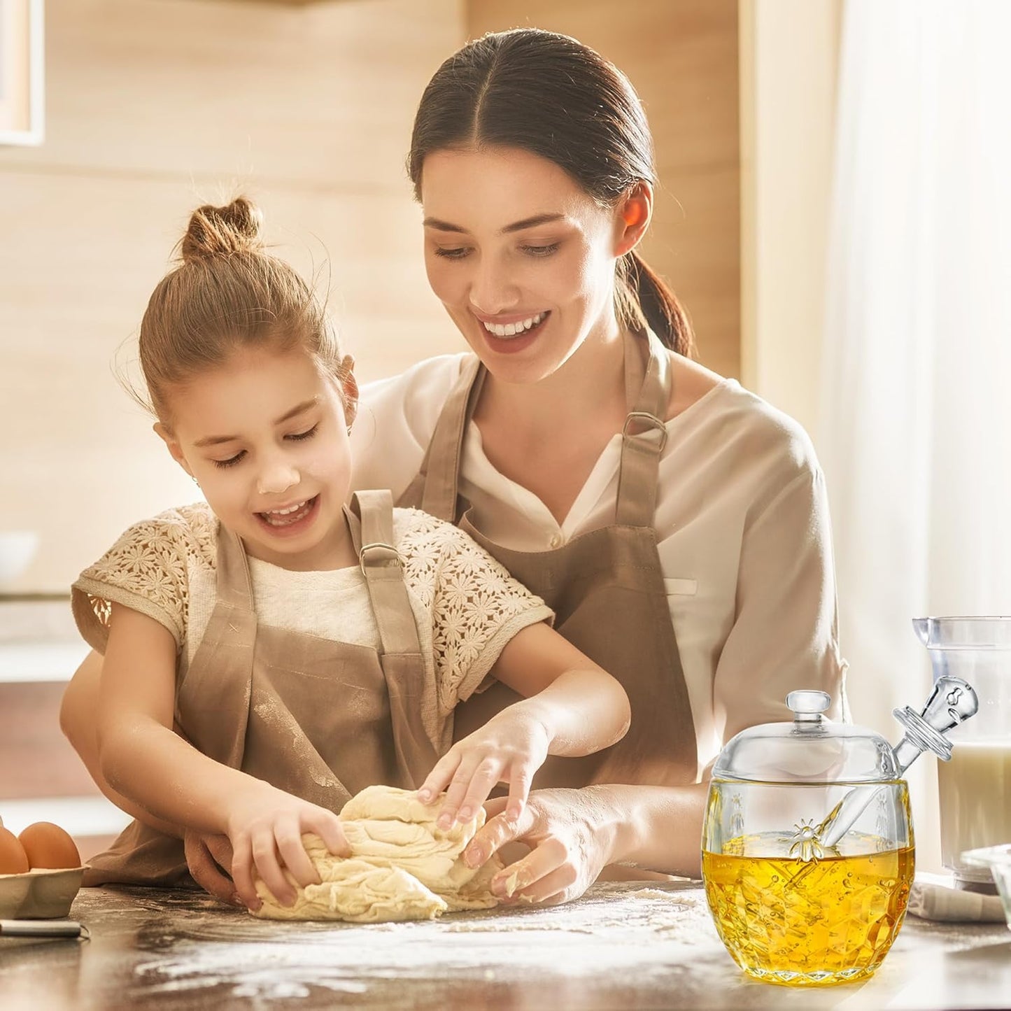 kanpura Honey Pot with Dipper and Lid Glass Honey Jar with Dipper Wide Mouth Honey Containers Airtight Syrup Honey Dispenser for Home Kitchen(7.5 OZ)