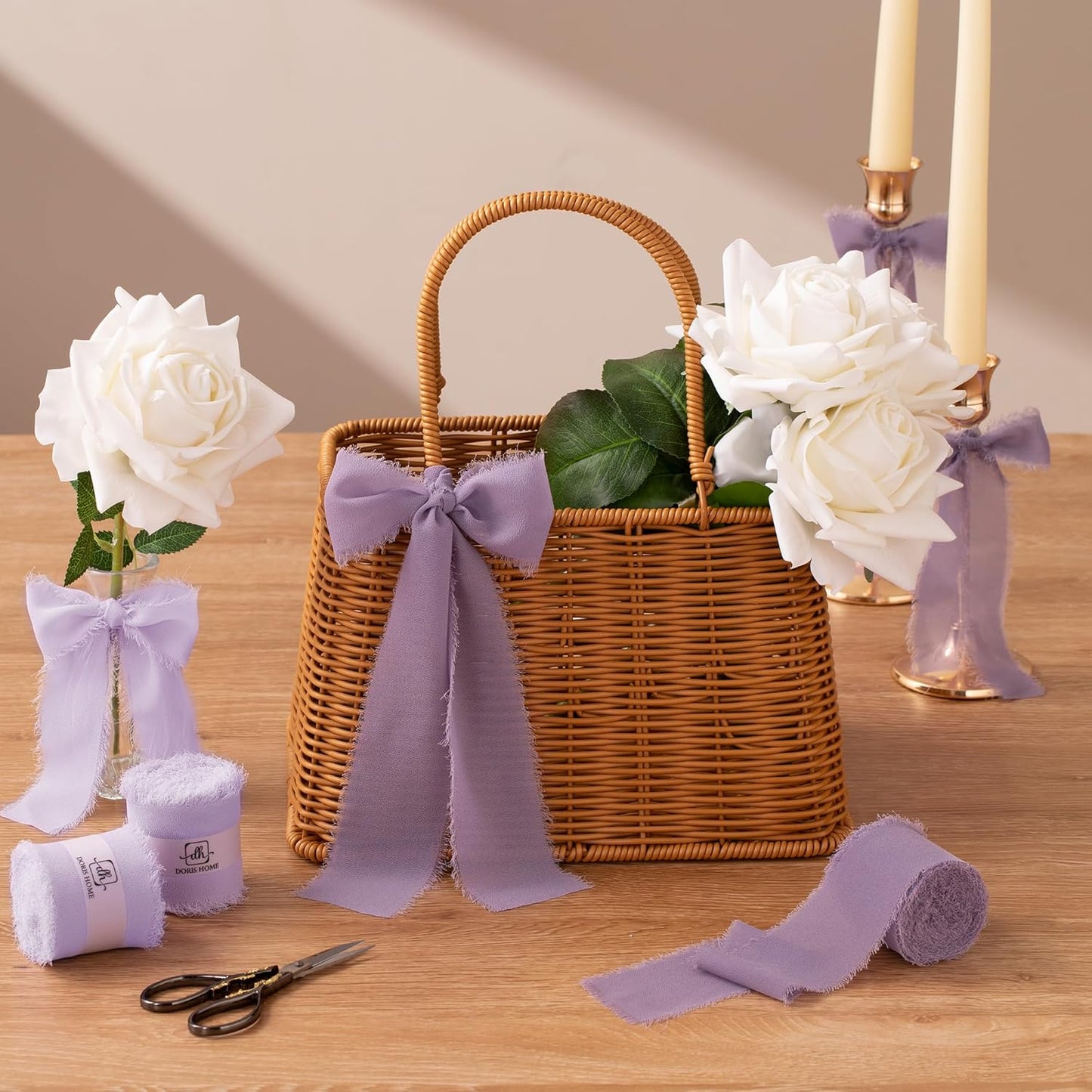 DORIS HOME Pastle Purple Chiffon Ribbon for Flower Bouquet, 2" x21Yd Fabric Ribbon for Gift Wrapping, Handmade Frayed Ribbon for Wedding/Christmas Decorations