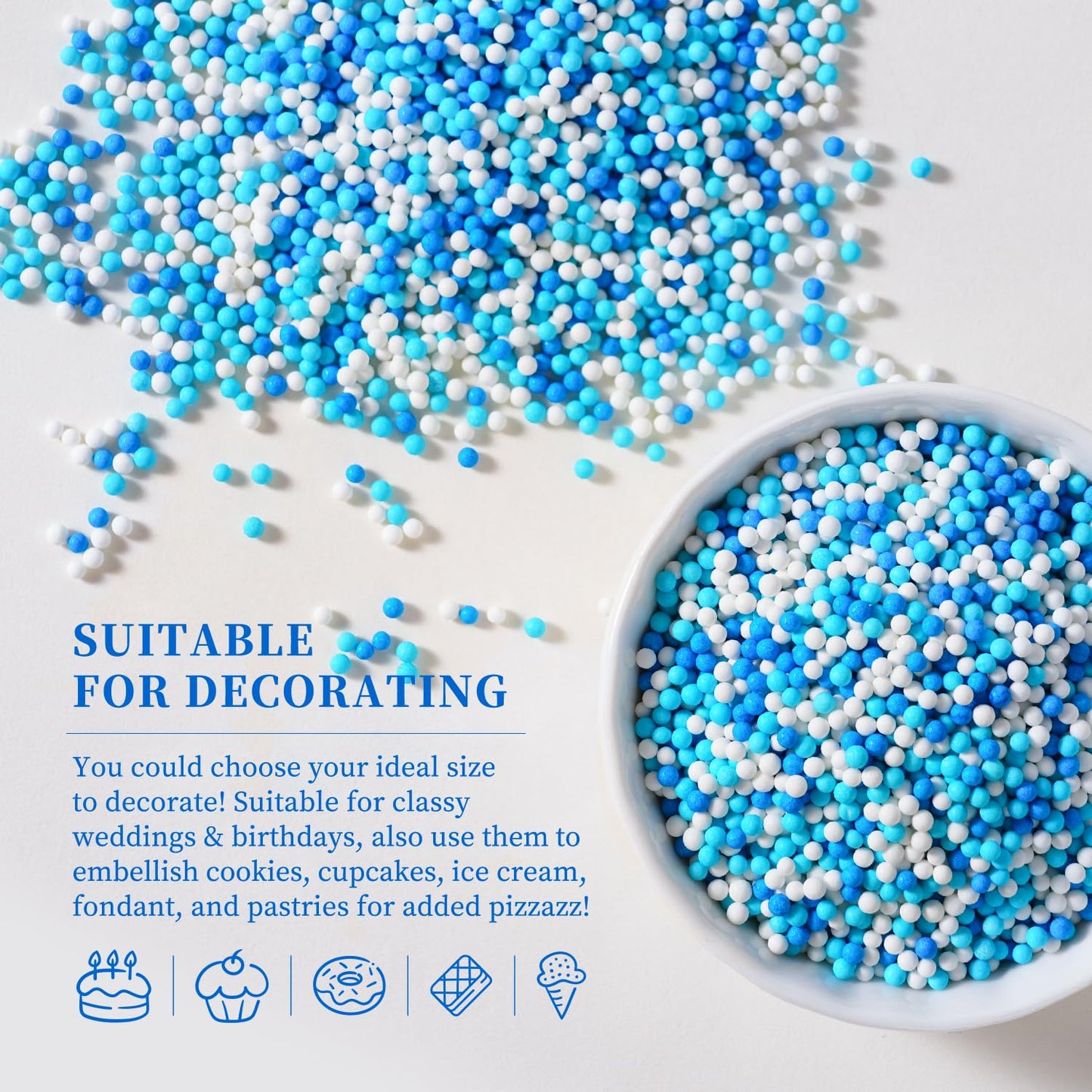 Blue Edible Pearl Sprinkles 2mm, Blue and White Sprinkles, Nonpareils Sprinkle for Cupcakes, Cakes, Donuts, Cookies, and Ice Cream(120g/4.23oz)