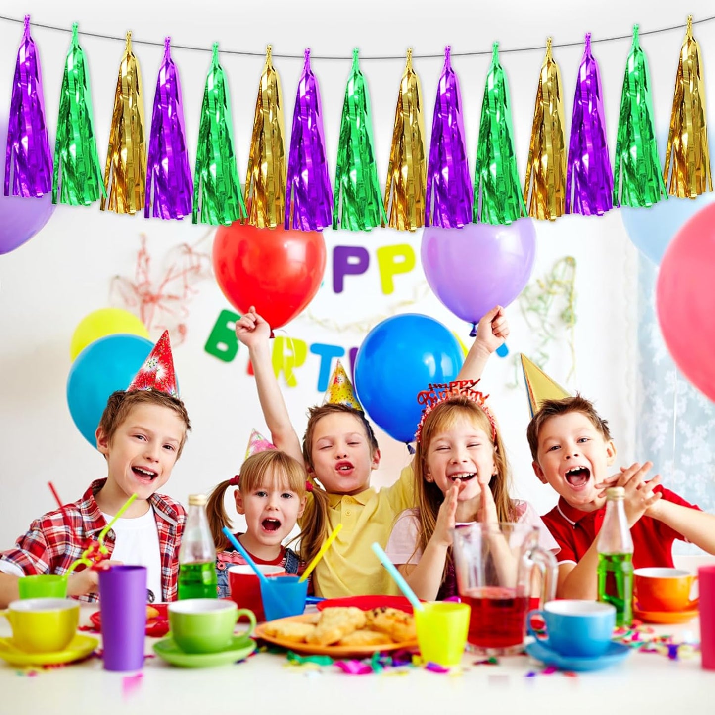 3P Purple Green Gold Foil Fringe Metallic Tassel Streamers Banner Tassel Garland for Parade Floats, Bachelorette, Wedding, Birthday, Halloween, Christmas, Bridal/Baby Shower Party Decorations