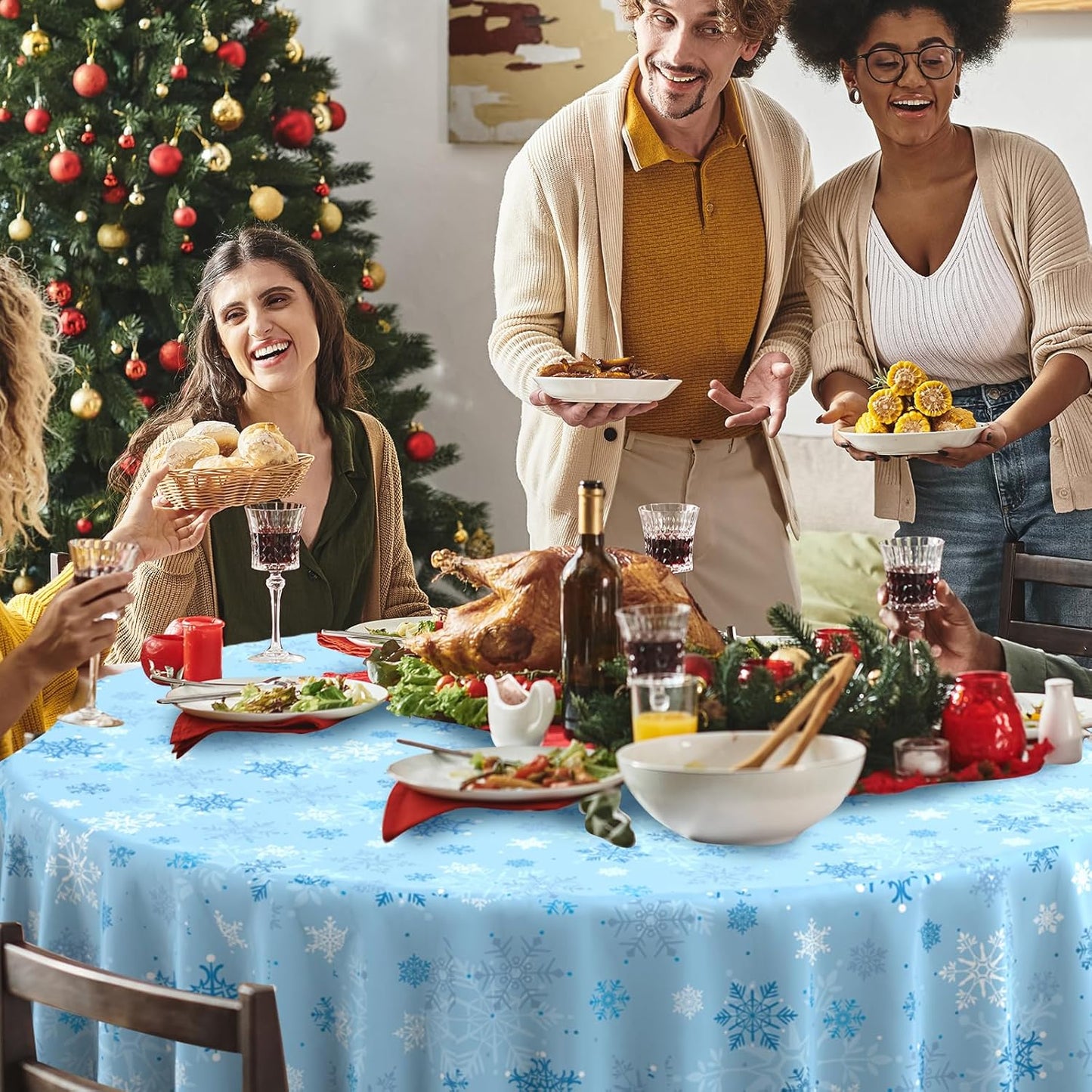 12 Pcs Christmas Snowflake Plastic Party Tablecloth Decorations,Disposable Light Blue Snowflake Round Table Cover Backdrop for Winter Onederland Christmas Holiday Party Supplies,84 inch (Light Blue)