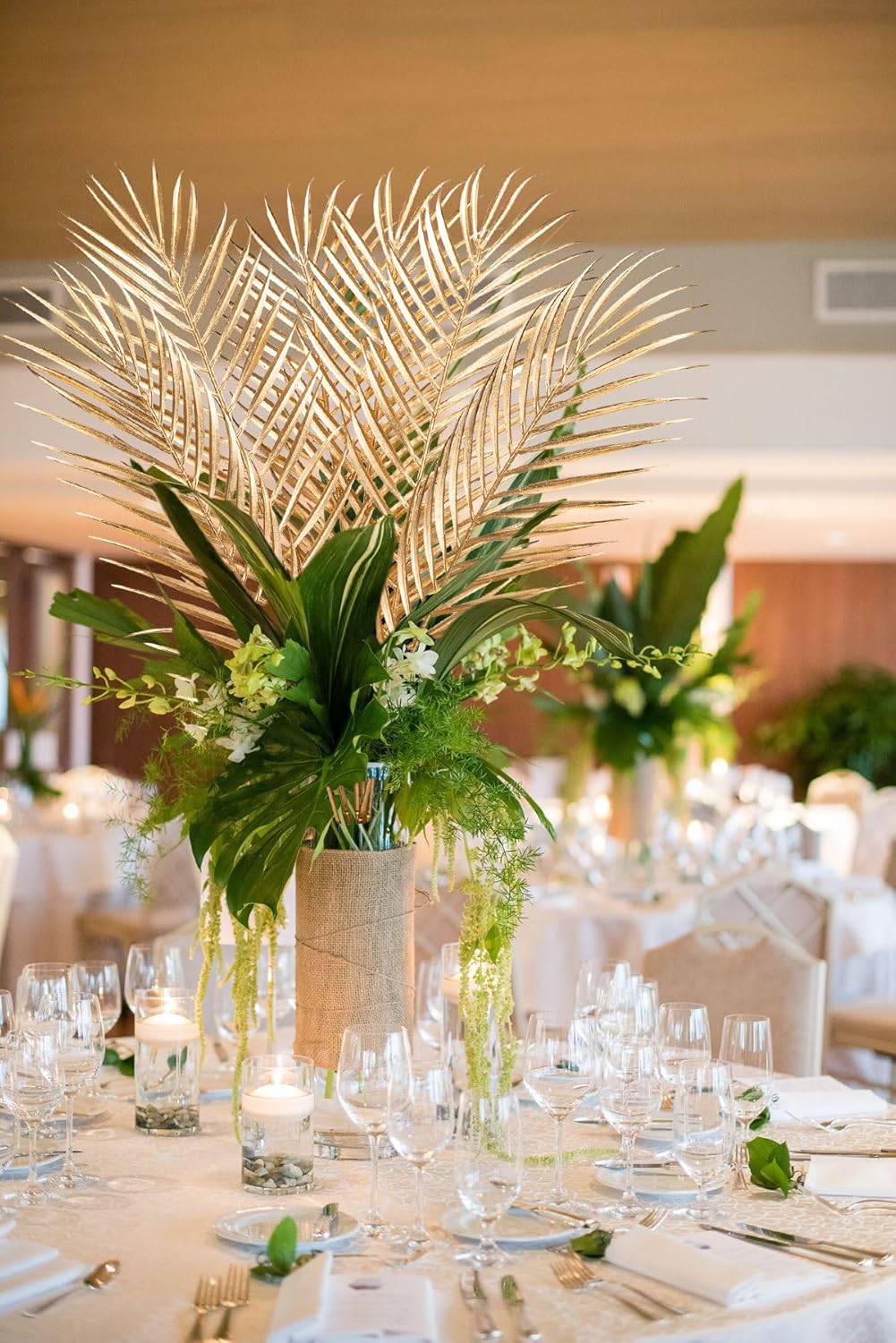 29” Large Gold Palm Leaves Palm Fronds Tropical Leaves Areca Palm Branches Artificial Palm Leaves with Stem Golden Palm Tree Leaves Faux Palm Leaves for Floral Arrangement Fake Gold Leaves 12Pcs