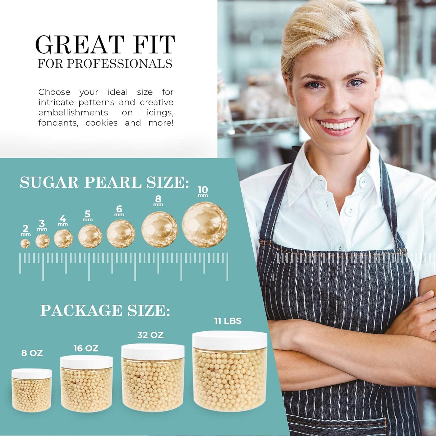 O'Creme Ivory Edible Sugar Pearls Cake Decorating Supplies for Bakers: Cookie, Cupcake & Icing Toppings, Beads Sprinkles For Baking, Certified, Candy Sugar Ball Accents (12mm, 8 Oz)