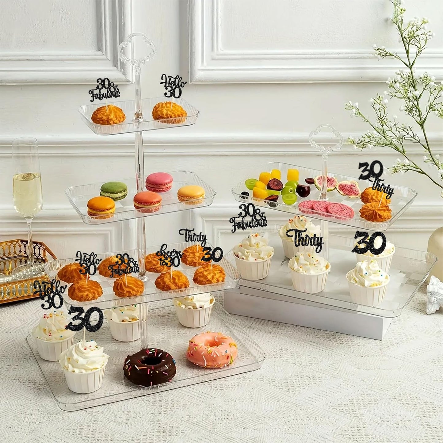 30Pcs Happy 30th Birthday Cupcake Toppers Black Glitter Thirty Cheers to 30 Birthday Cupcake Picks for Happy 30th Birthday Anniversary Party Cake Decorations Supplies