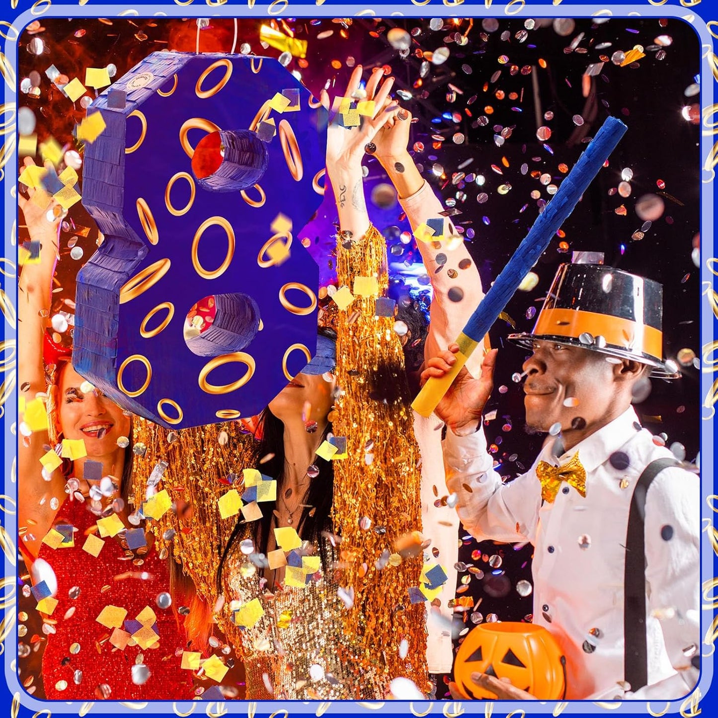 Number 8 Blue and Golden Rings Piñata for Kids Birthday Cartoon Theme Small Piñata with Blindfold Stick Confetti for Fiesta Cinco De Mayo Party Decor, 15.8 x 11 x 2.8 Inch