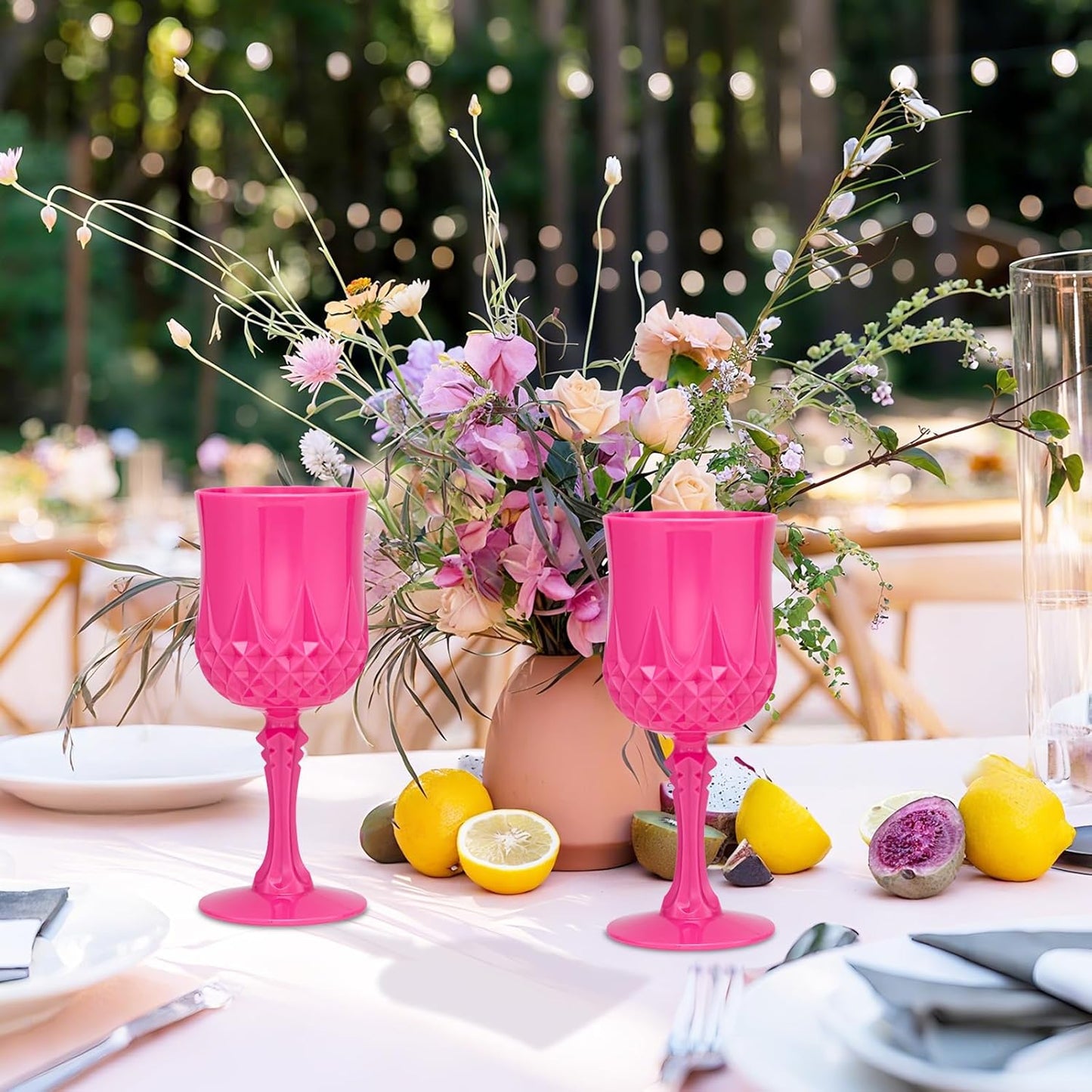 Plastic Vintage Wine Glasses 7OZ Plastic Goblets Vintage Drinking Glasses 24PCS Retro Wedding Glassware Water Goblets Reusable Drinking Cups for Party,Reception,Celebration,Bar,Whiskey(Rose Pink)