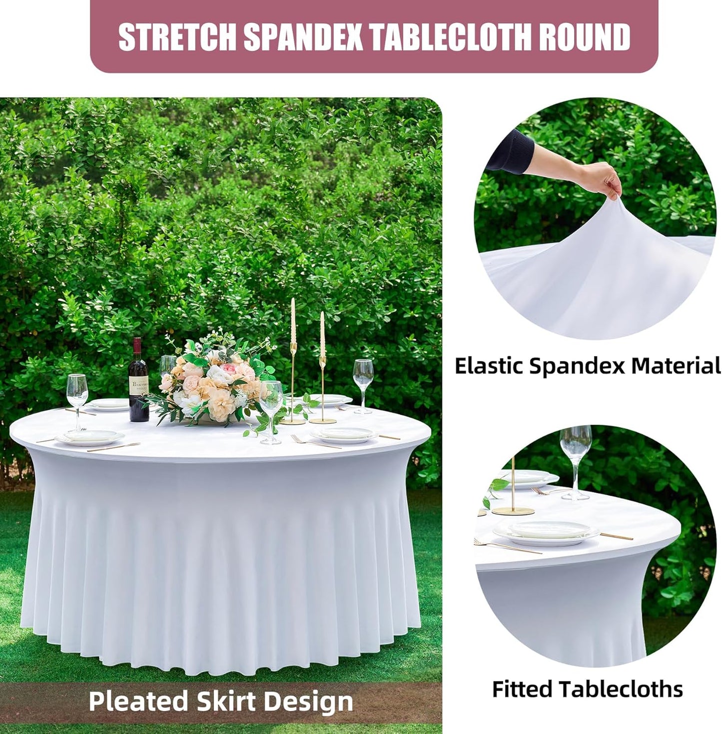 2 pk White Round Spandex Tablecloth for 60in Tables, Wrinkle Free Stretchy 120inch Fitted 5FT Table Cloths Round Table Covers with Skirt for Wedding Party Dining Banquet Events