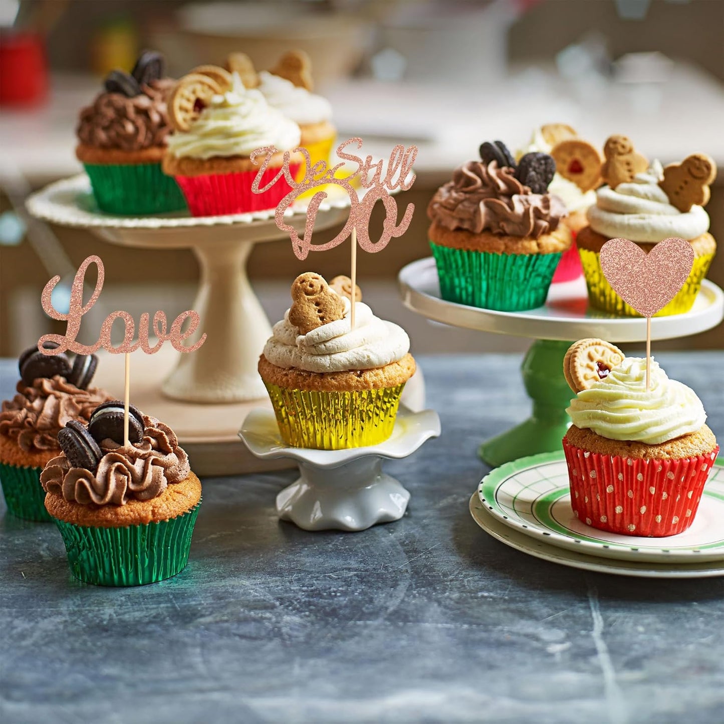 24Pcs We Still Do Cupcake Toppers Glitter Love Heart Marriage Anniversary Cupcake Picks Bridal Shower Wedding Engagement Birthday Cake Decorations Supplies - Rose Gold Glitter