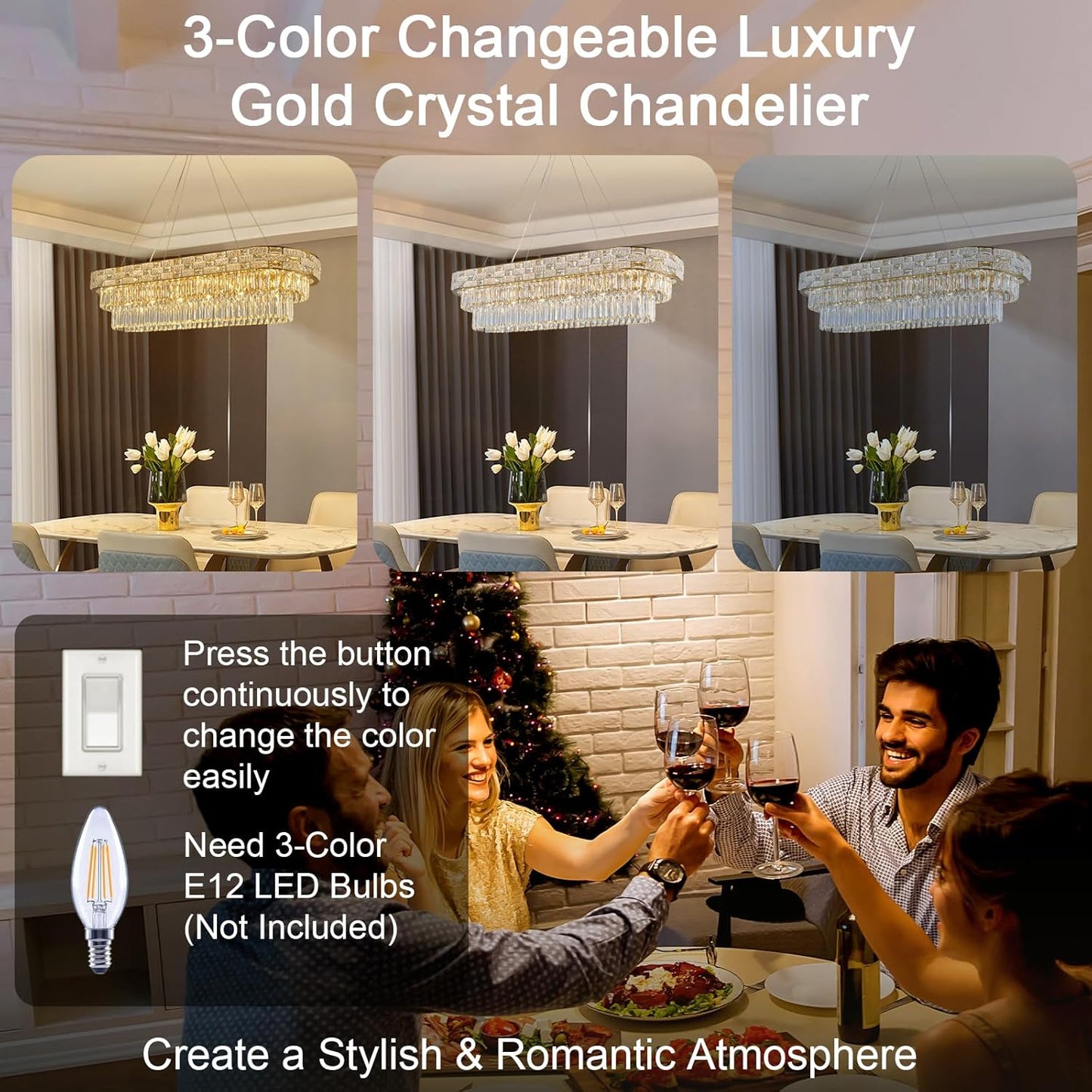 Crystal Chandeliers, 49.2" 18-Light Gold Chandelier for Dining Room, Rectangular Chandelier for Kitchen, Living Room Chandeliers, Island Lights Hanging Lights Dimmable