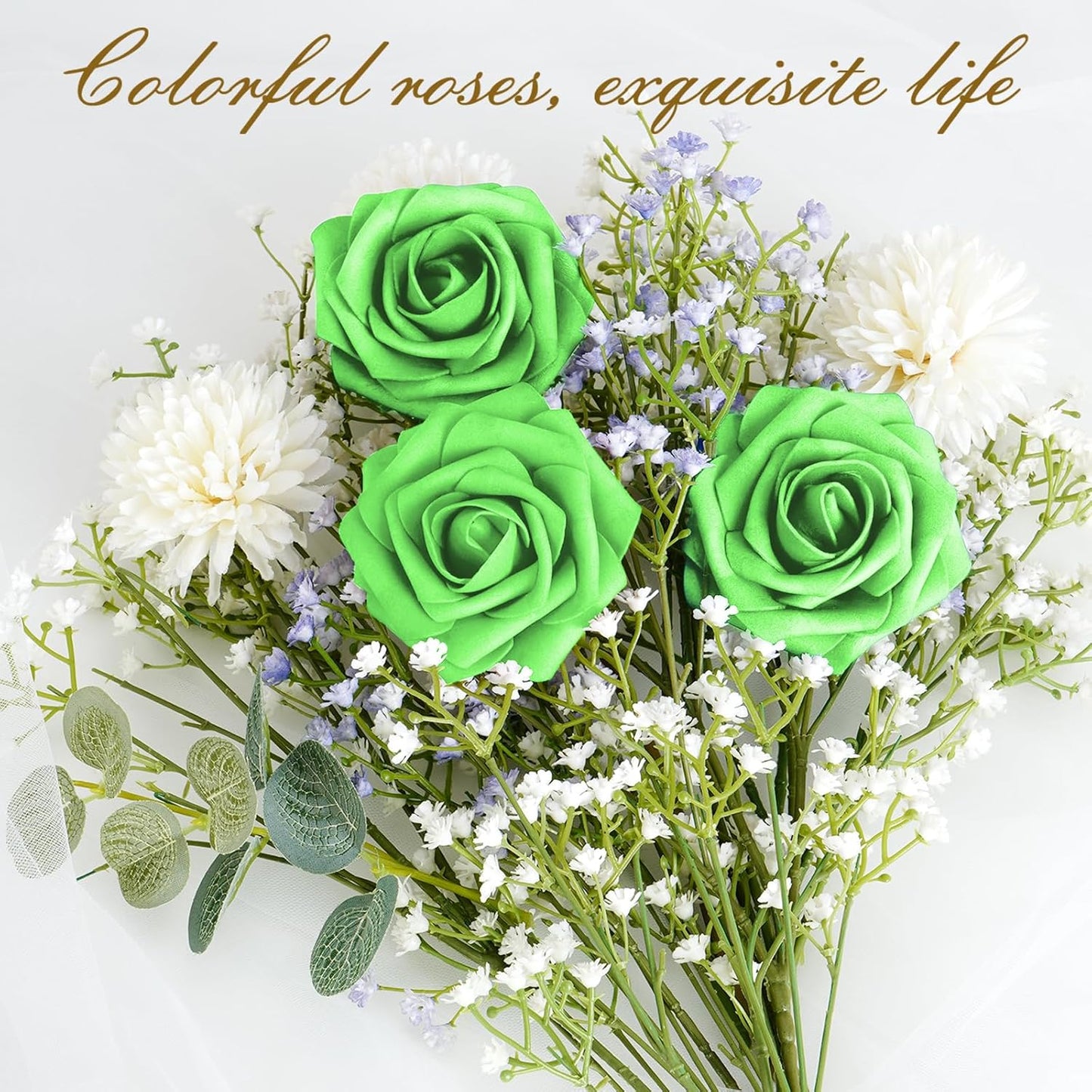 BLEUM CADE 36Pcs Artificial Flowers Fake Roses with Stems, Bright Green Boxed Foam Roses for DIY Bouquets Centerpieces Wedding Party Arrangement Bridal Shower Decor