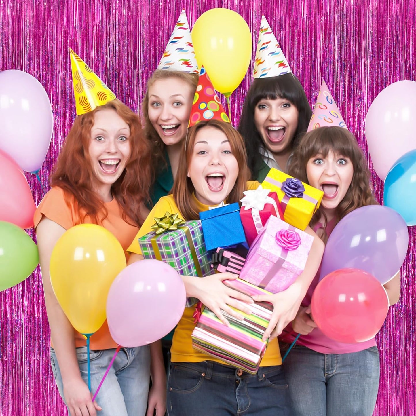 Rose Pink Party Streamers 2 Pack Glitter Foil Fringe Curtain 3.3 x 8.3ft Pink Party Decor Photo Booth Streamers Metallic Tinsel Door Streamer for Christmas Baby Shower Halloween Decorations