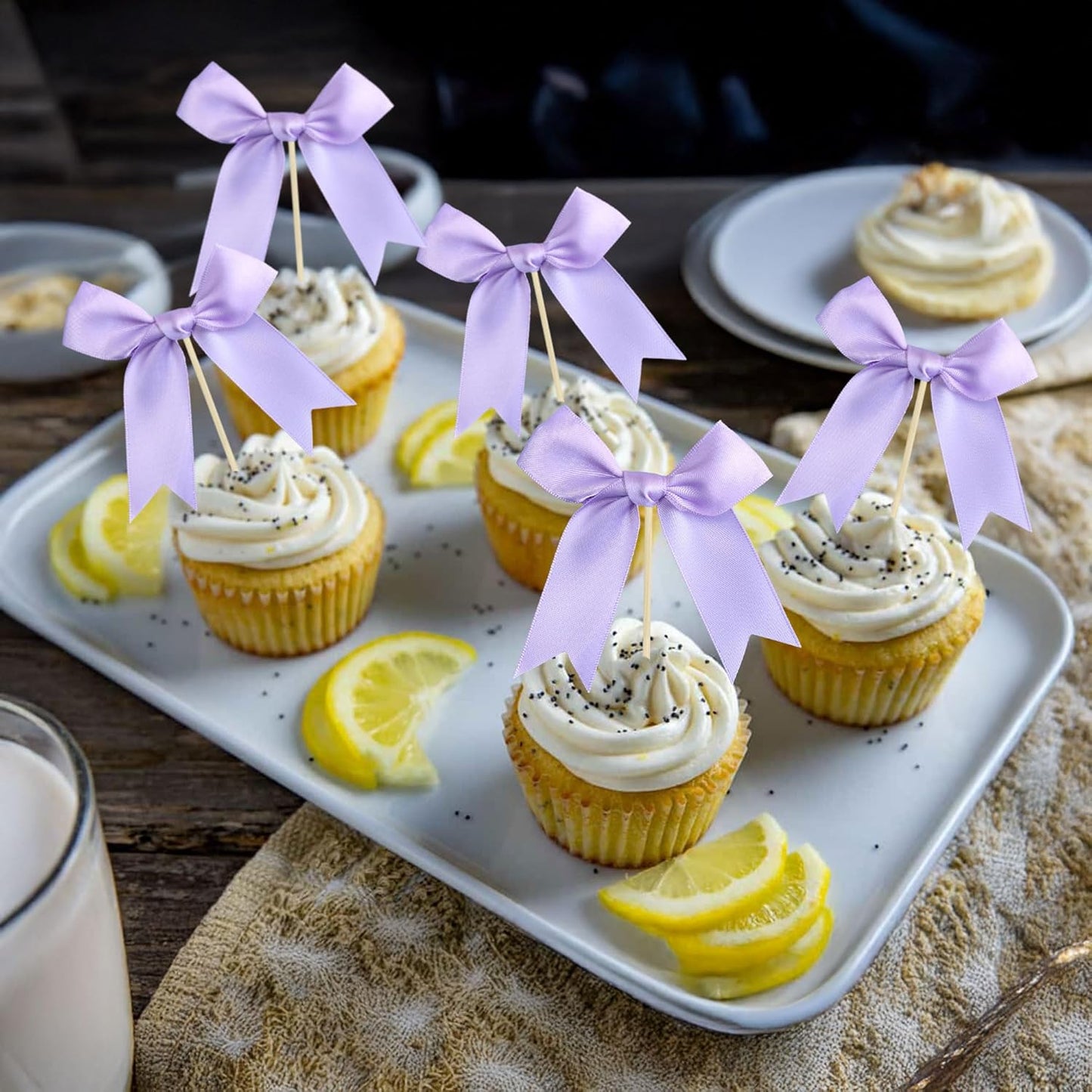 Gyufise 24Pcs Bow Cupcake Toppers Coquette Bow Girls Birthday Cake Decorations Bowknot Cake Toppers Bowknot Cupcake Picks for Baby Shower Birthday Wedding Bridal Engagement Party Supplies Purple