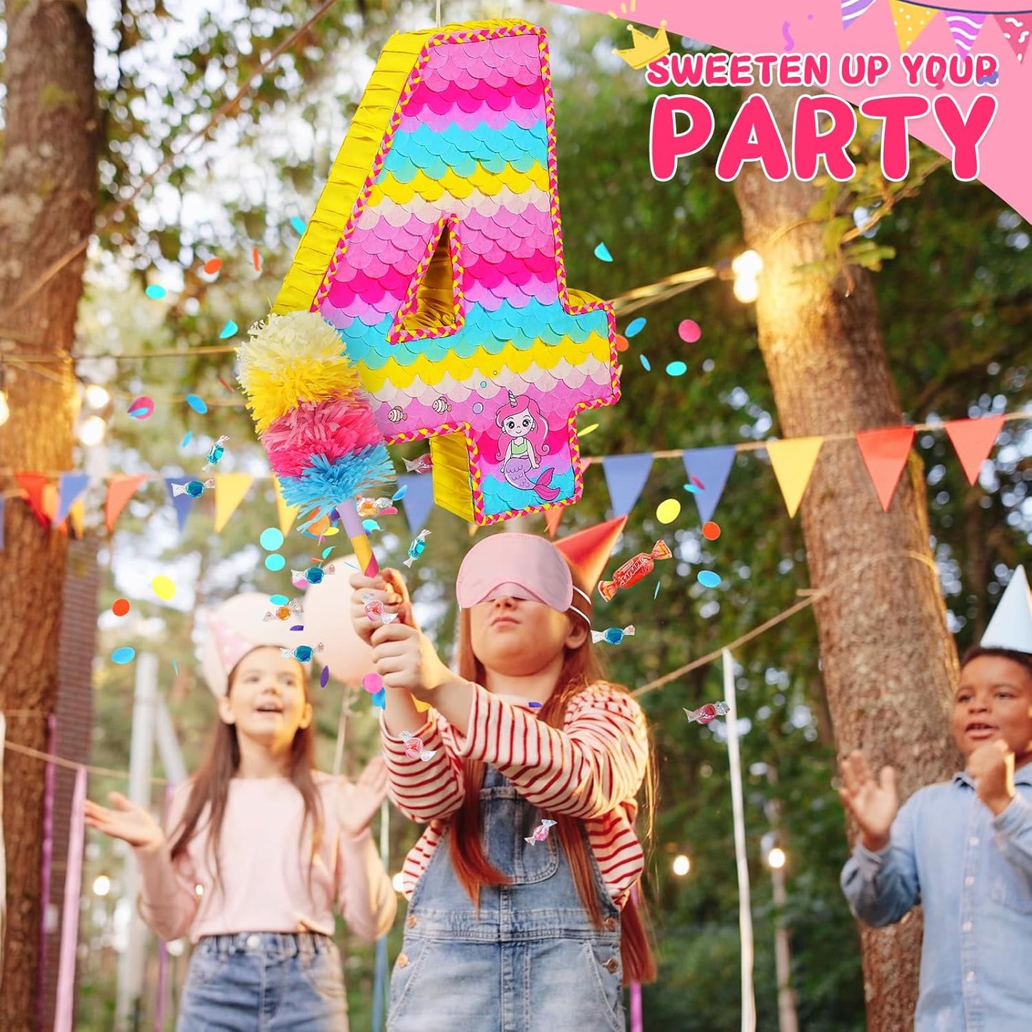 Number 4 Pinata for Birthday Party Decorations, Unicorn Mermaid Theme Pink Piñata Games Toy (4th)