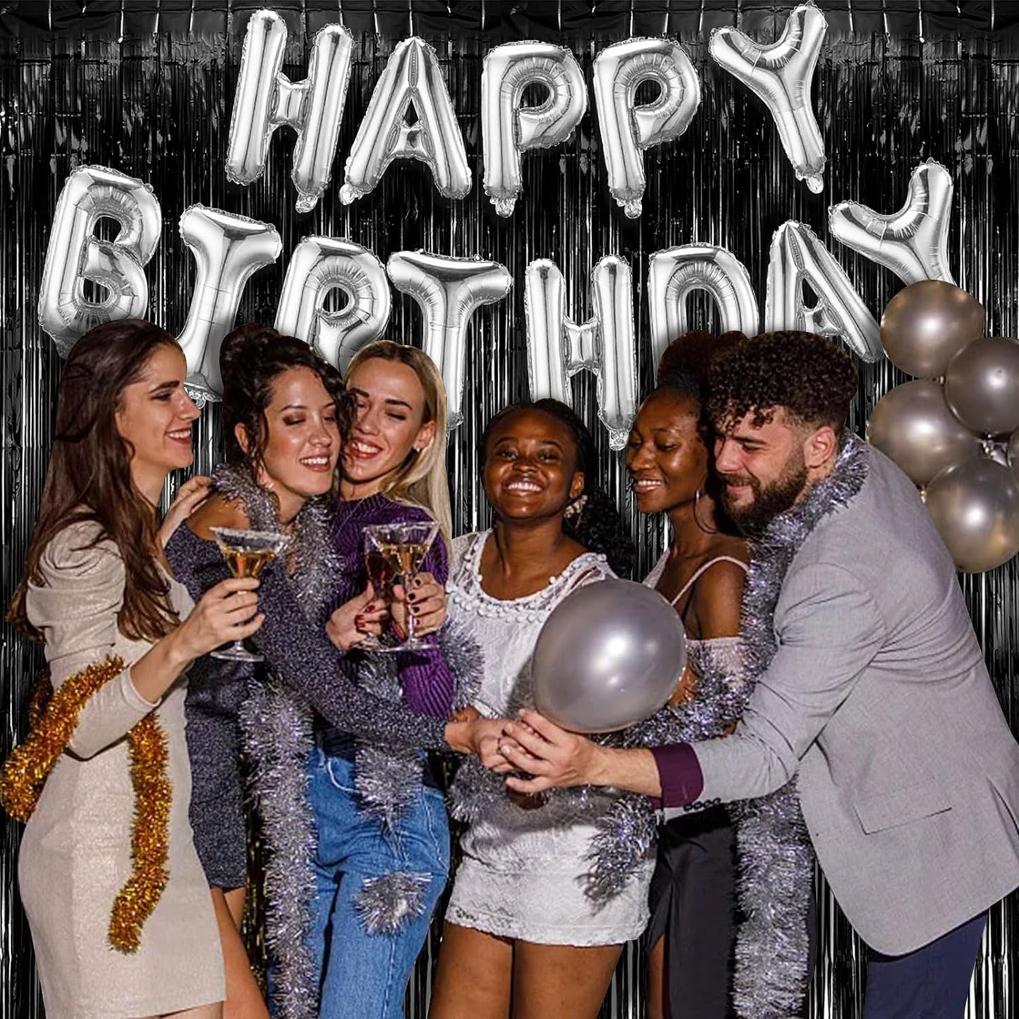 2 Pack Foil Curtain Backdrop Black Metallic Tinsel Foil Fringe Curtains Photo Booth Props for Birthday Wedding Engagement Baby Shower Bachelorette Christmas Holiday Celebration Party Decorations