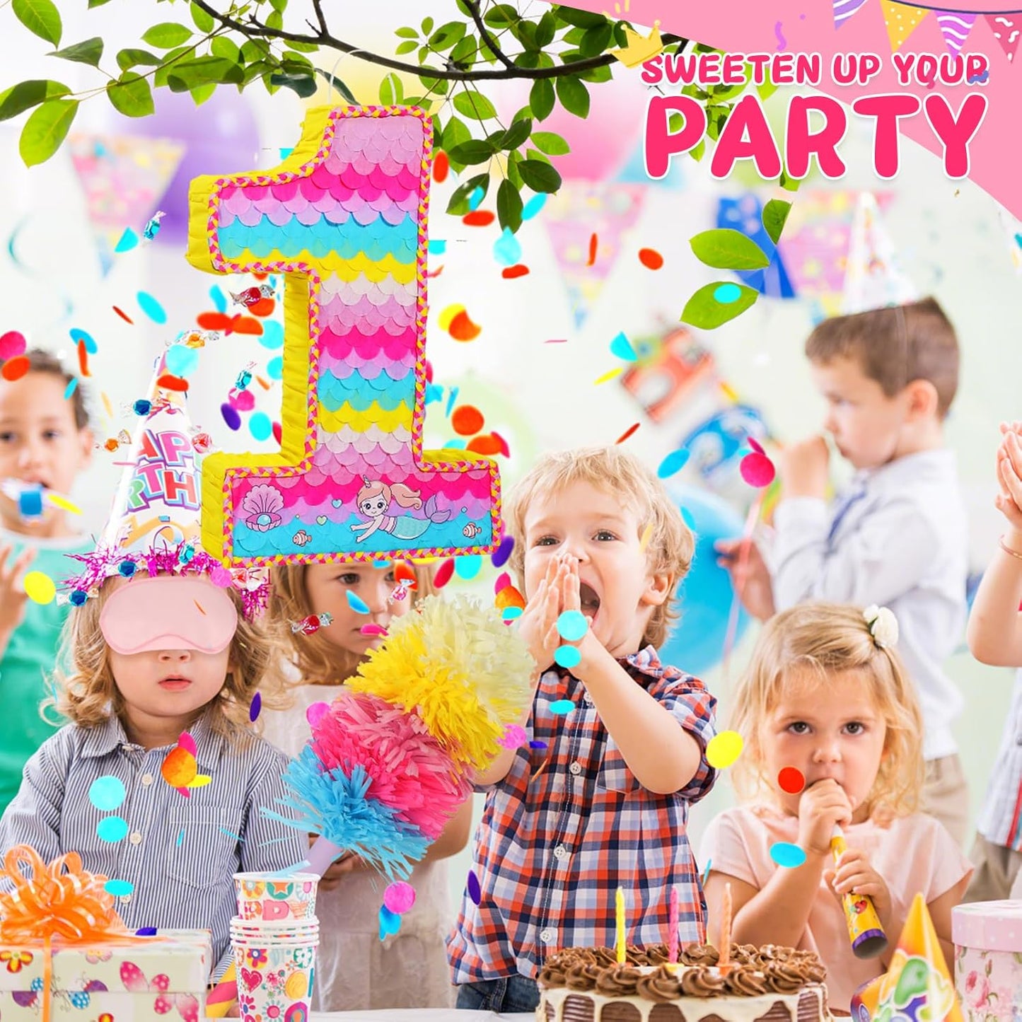 Number 1 Pinata for Birthday Party Decorations, Unicorn Mermaid Theme Pink Piñata Games Toy (1th)