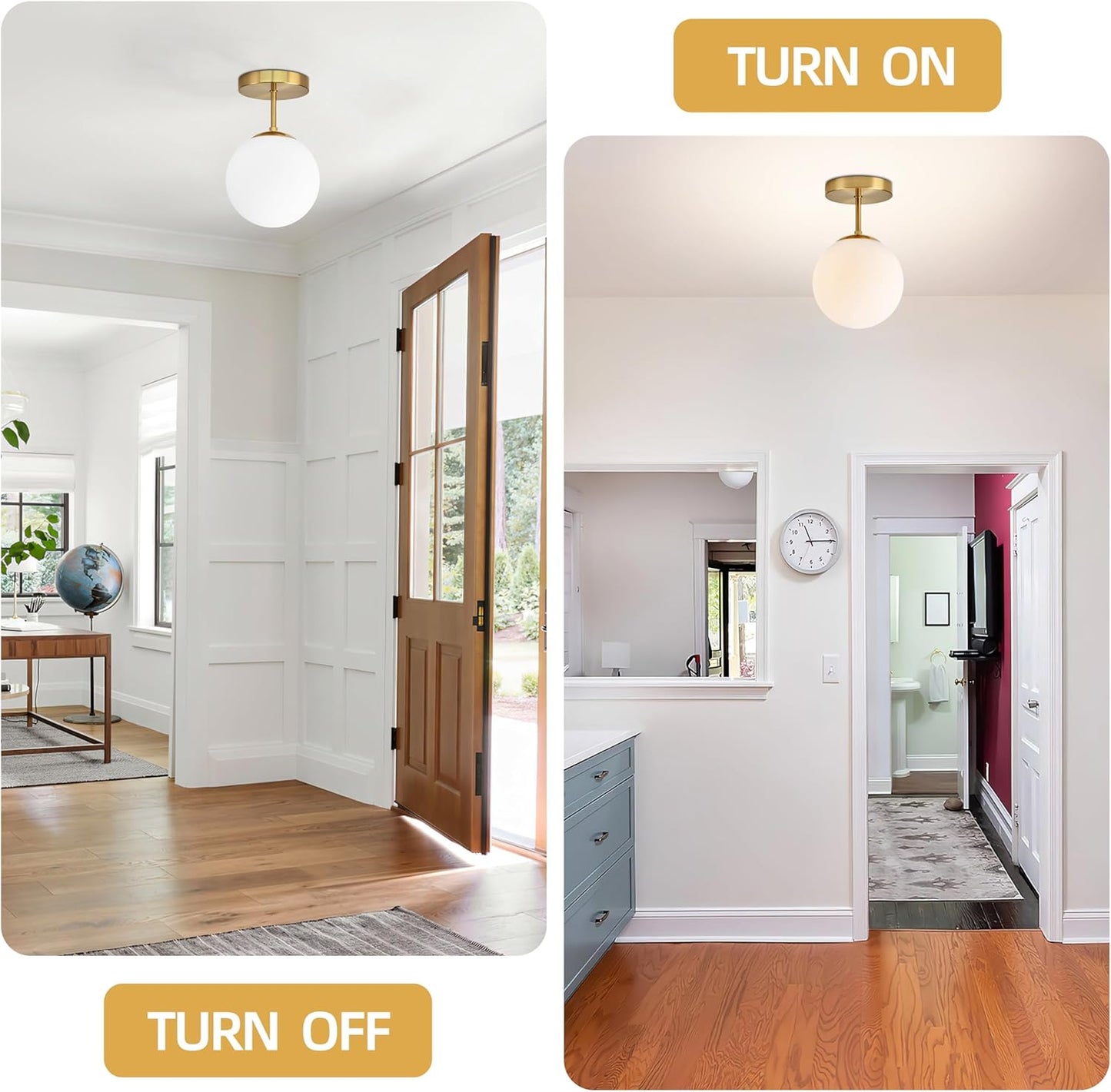 Gold Globe Semi Flush Mount Ceiling Light,Mid Century Modern Light Fixture Ceiling,Globe Ceiling Light for Hallway Living Room Kitchen Bedroom Storage Schoolhouse Laundry(Bulb Incl.)