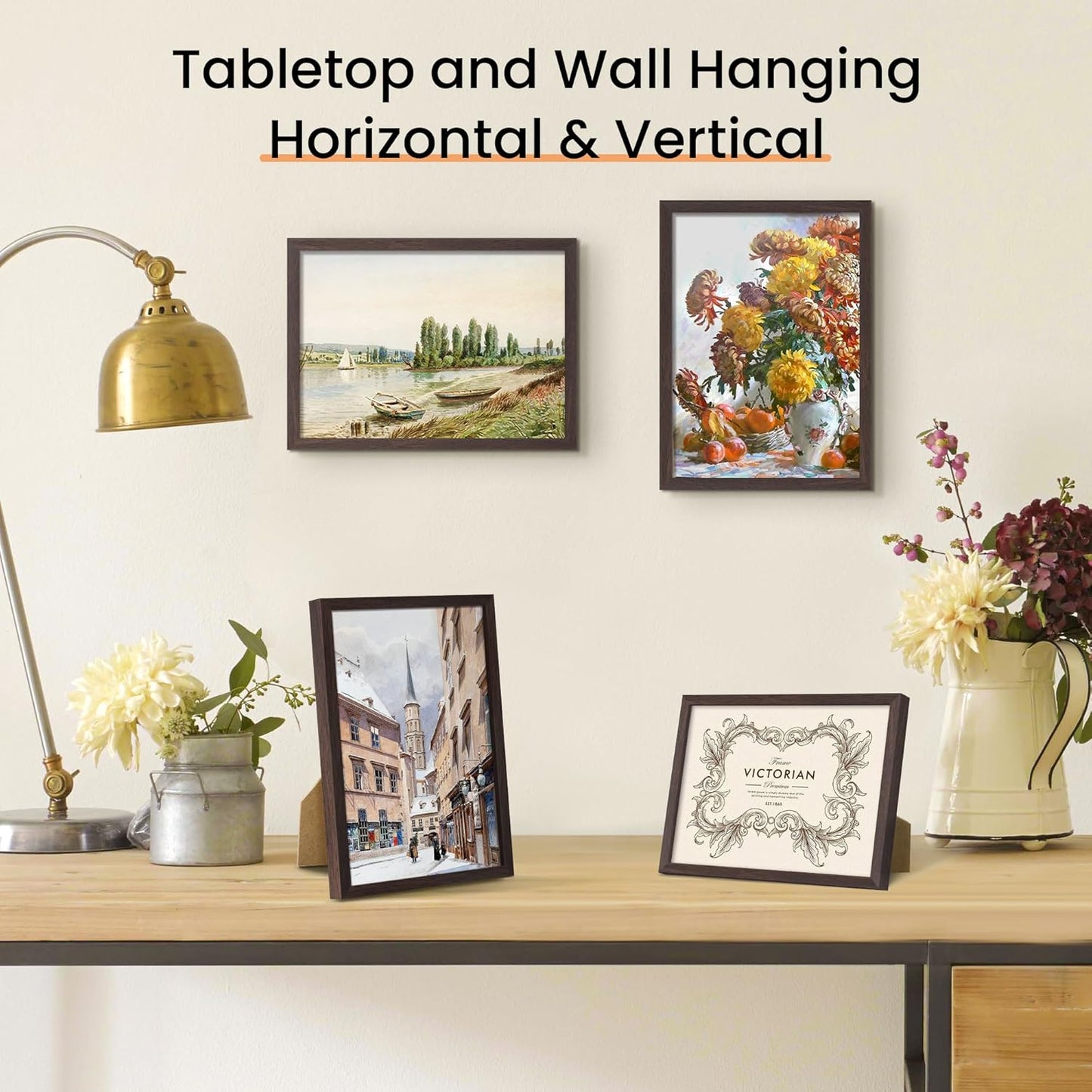 upsimples 5x7 Picture Frame Set of 3, Made of High Definition Glass for 5 x 7, Wall and Tabletop Display Thin Border Photo Frames for Home Decor, Brown