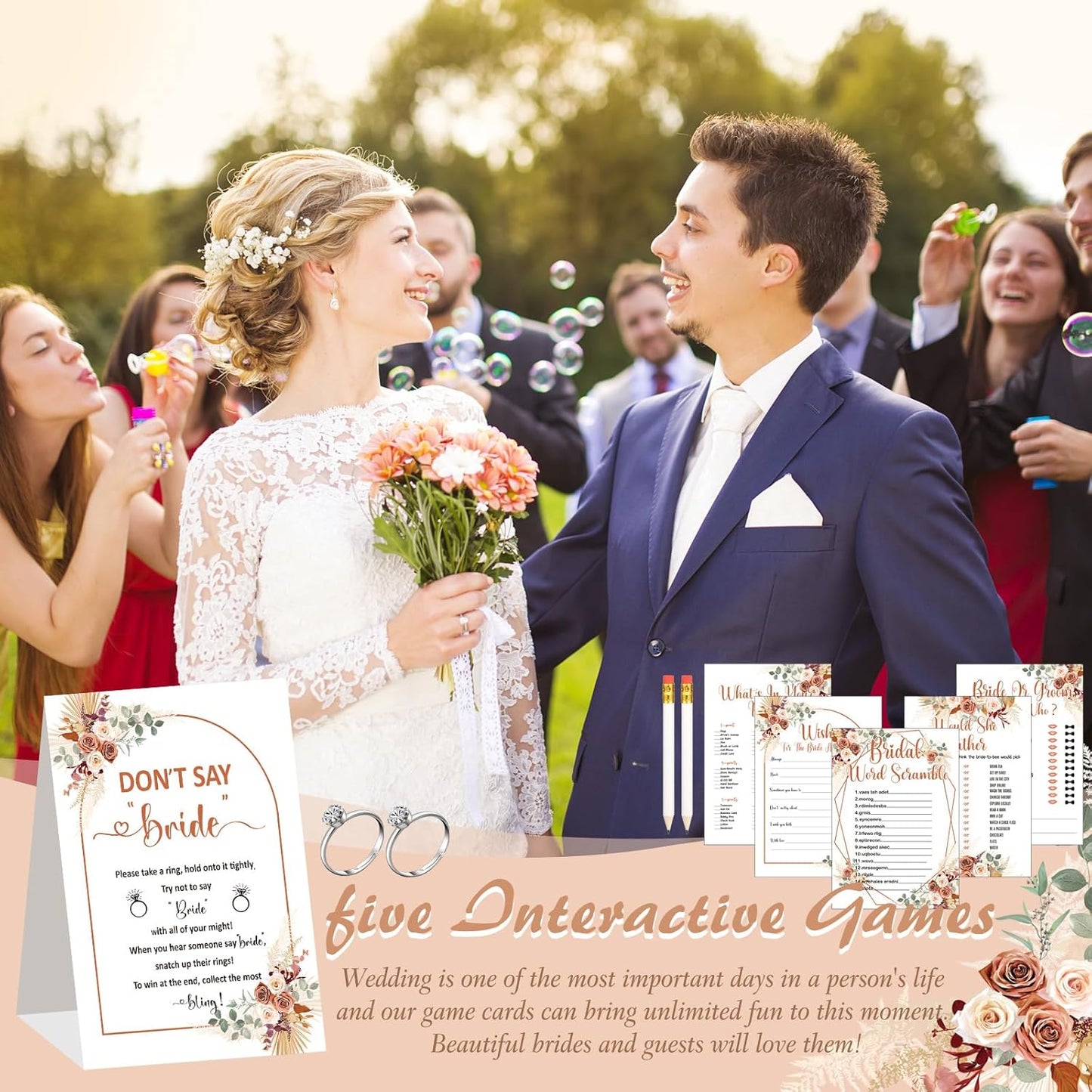 Estune 331 Pcs Bridal Shower Games Supplies, 5 Sets 250 Pcs Wedding Cards 1 Put a Ring on It Bridal Shower Games with 60 Rings and 20 Pencils(Boho Style)