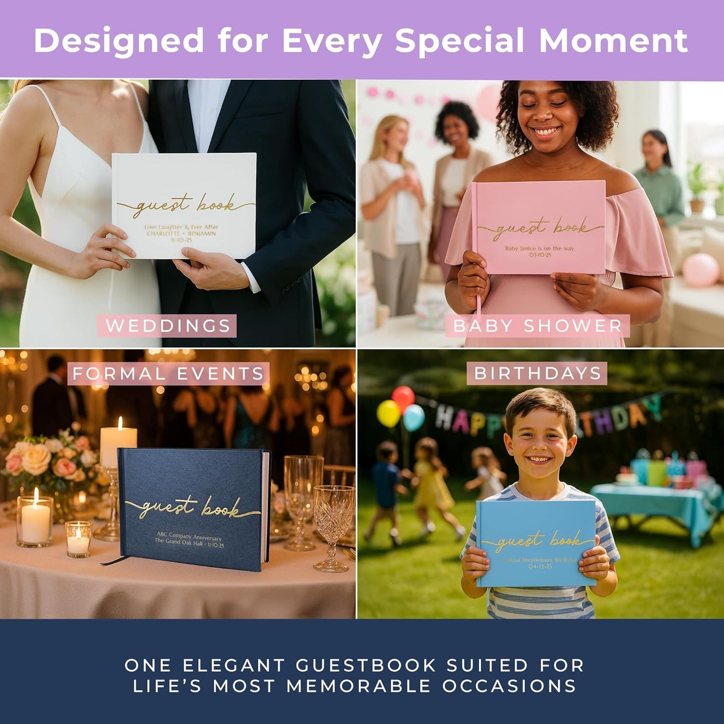 Promot Personalized Guestbook for Party (Sapphire Blue) - 110 Lined Pages in Wood-Free Vegan Leather Hard Cover - Wedding Guest Book Sign in and Photos, Baby Shower, Birthday or Graduation