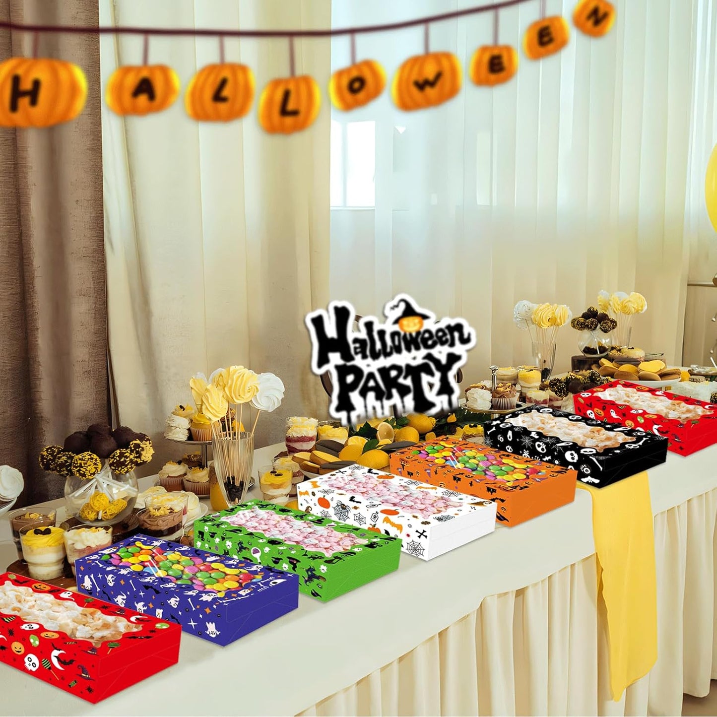 24 Pack Halloween Large Treat Boxes, Trick or Treat Candy Boxes with Window Halloween Party Favors Gift Goodie Boxes Supplies for Cookie Biscuit Donuts Dessert Cupcake Pie