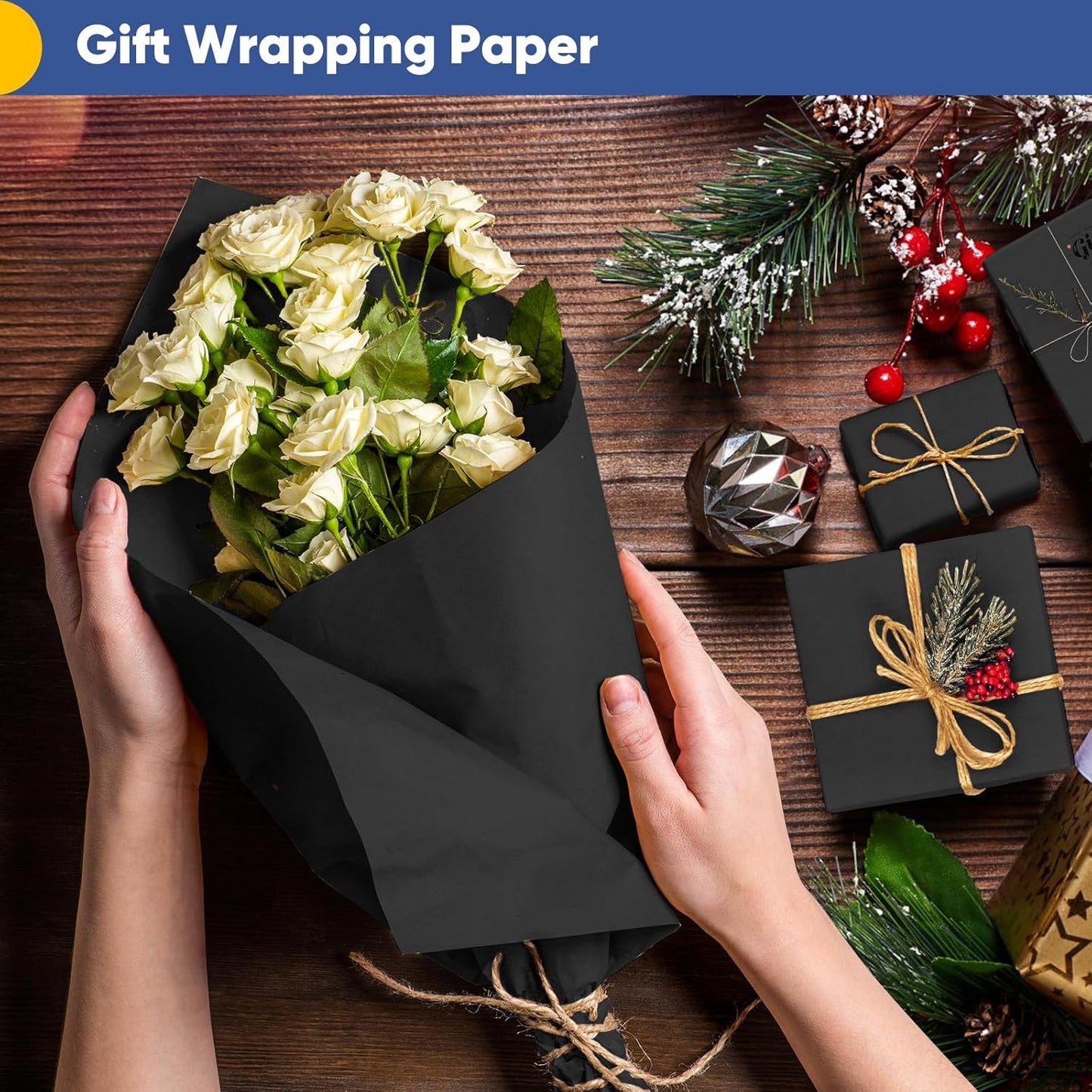 Vanhench Black Wrapping Paper, 17.5" x 963" (80 1/4FT), Art Paper, Birthday, Bouquet Flower Wrapping, 80GSM 55LB