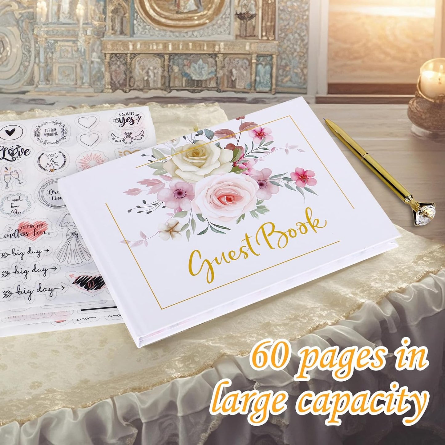 Wedding Guest Book,9x7''120 Page/60 Sheets Hardcover Personalized Wedding Guestbook Photo Album Sign in Book with Sign in Pen and Creative Stickers for Weddings,Baby Shower, Party Birthday,Graduation