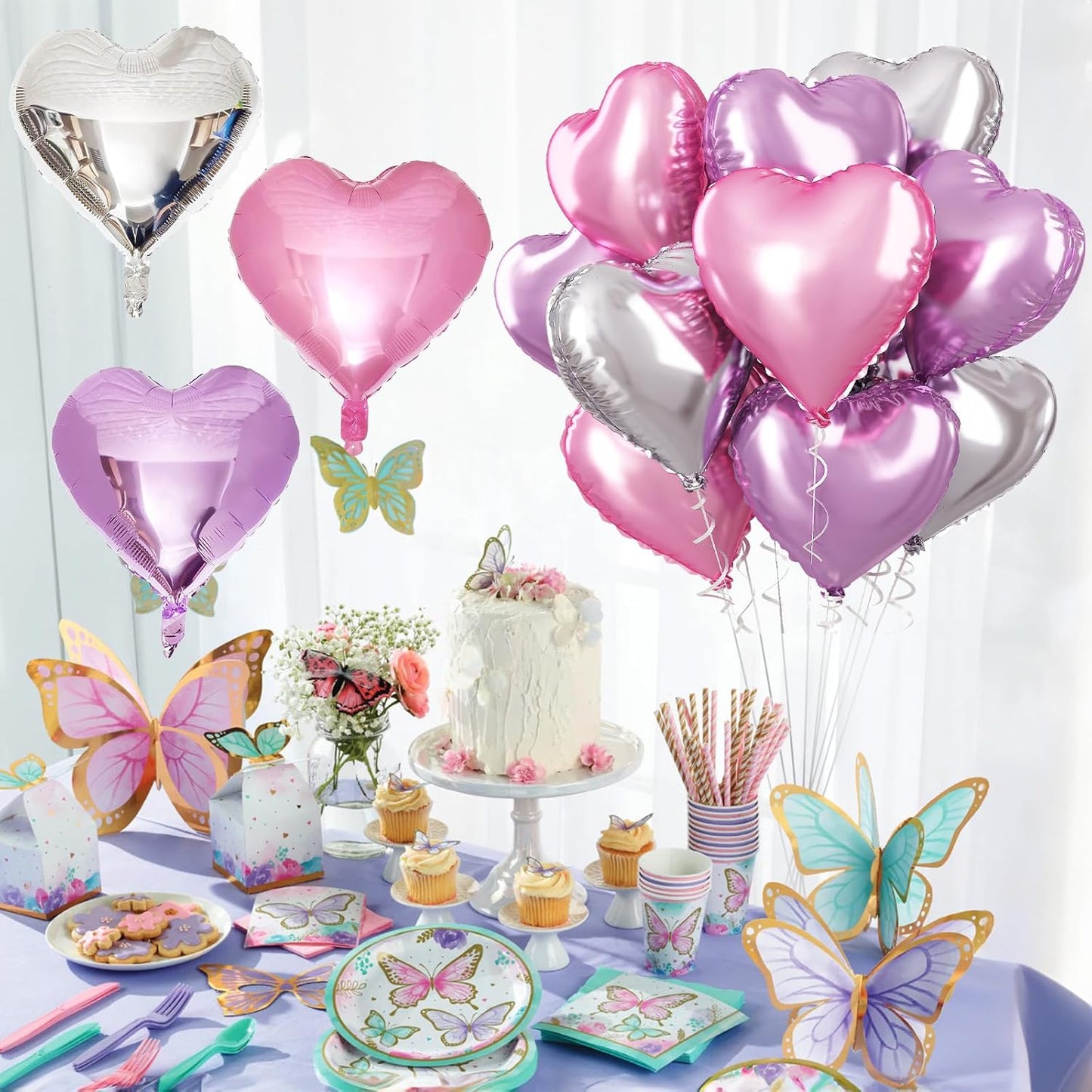Pink Purple Foil Heart Balloons, 18 Inch 12Pcs Lavender Purple Pink and Silver Heart Shape Foil Balloons, Light Violet Purple Helium Balloon for Girls Women Birthday Wedding Valentines Butterfly Party