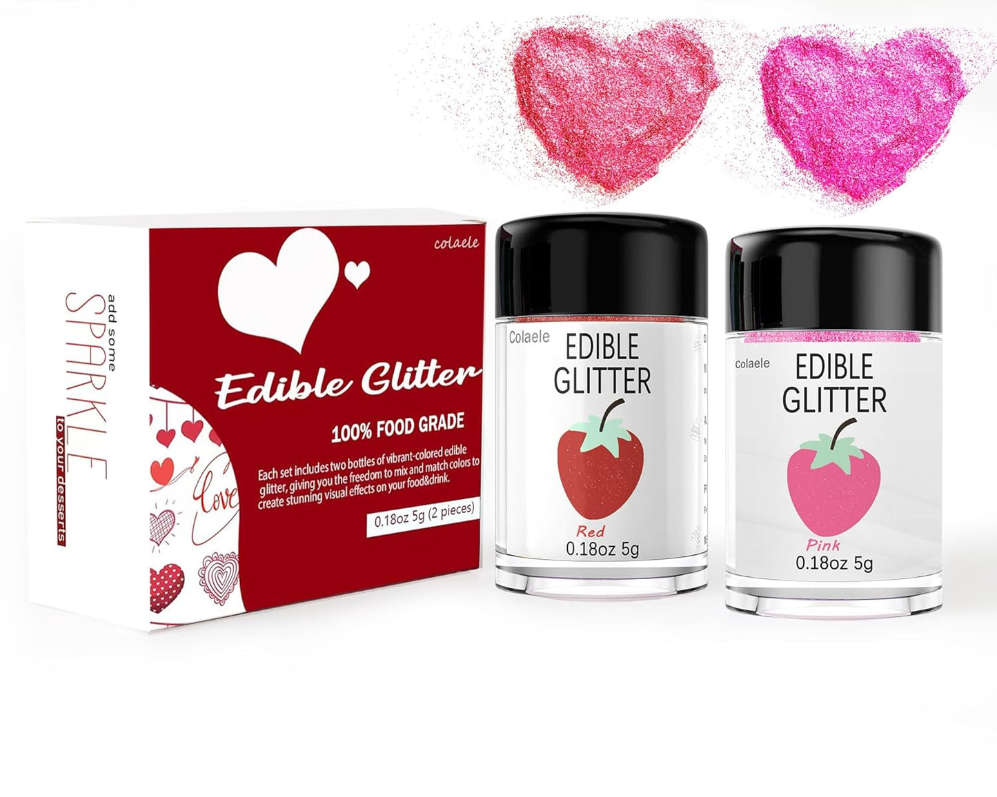 Red Pink Edible Glitter Glimmer Powder for Cakes Drinks - Valentine's Colaele 5 grams Food Grade Luster Dust Metallic Food Decorating Sprinkle Disco Brew Dust for Cake Chocolate Decorations,Vegan