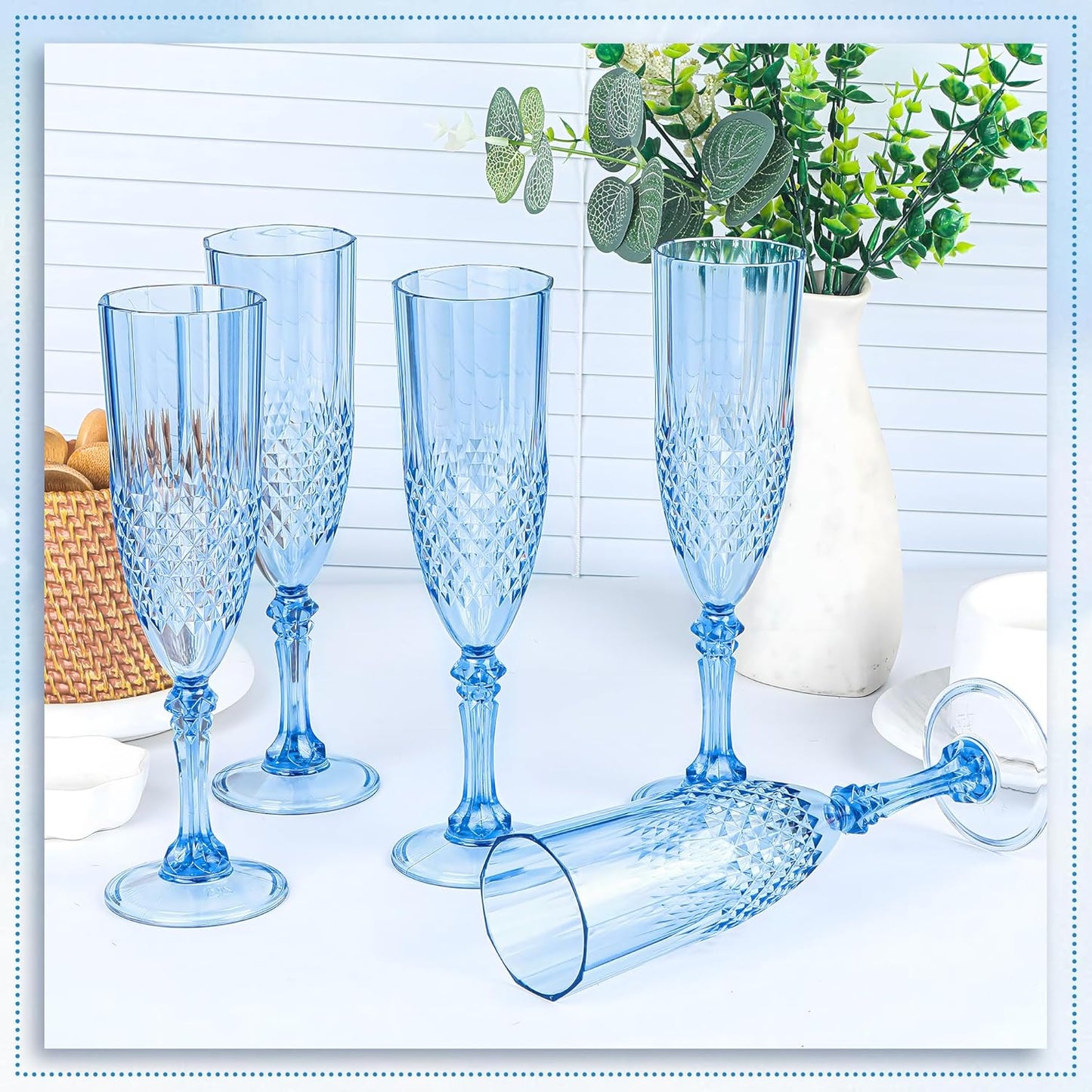 Plastic Champagne Flutes, 24PCS Blue Wine Glasses Goblets Cups Reusable Flute, for Weddings Bachelor Parties Toasting and Events (24, Blue)