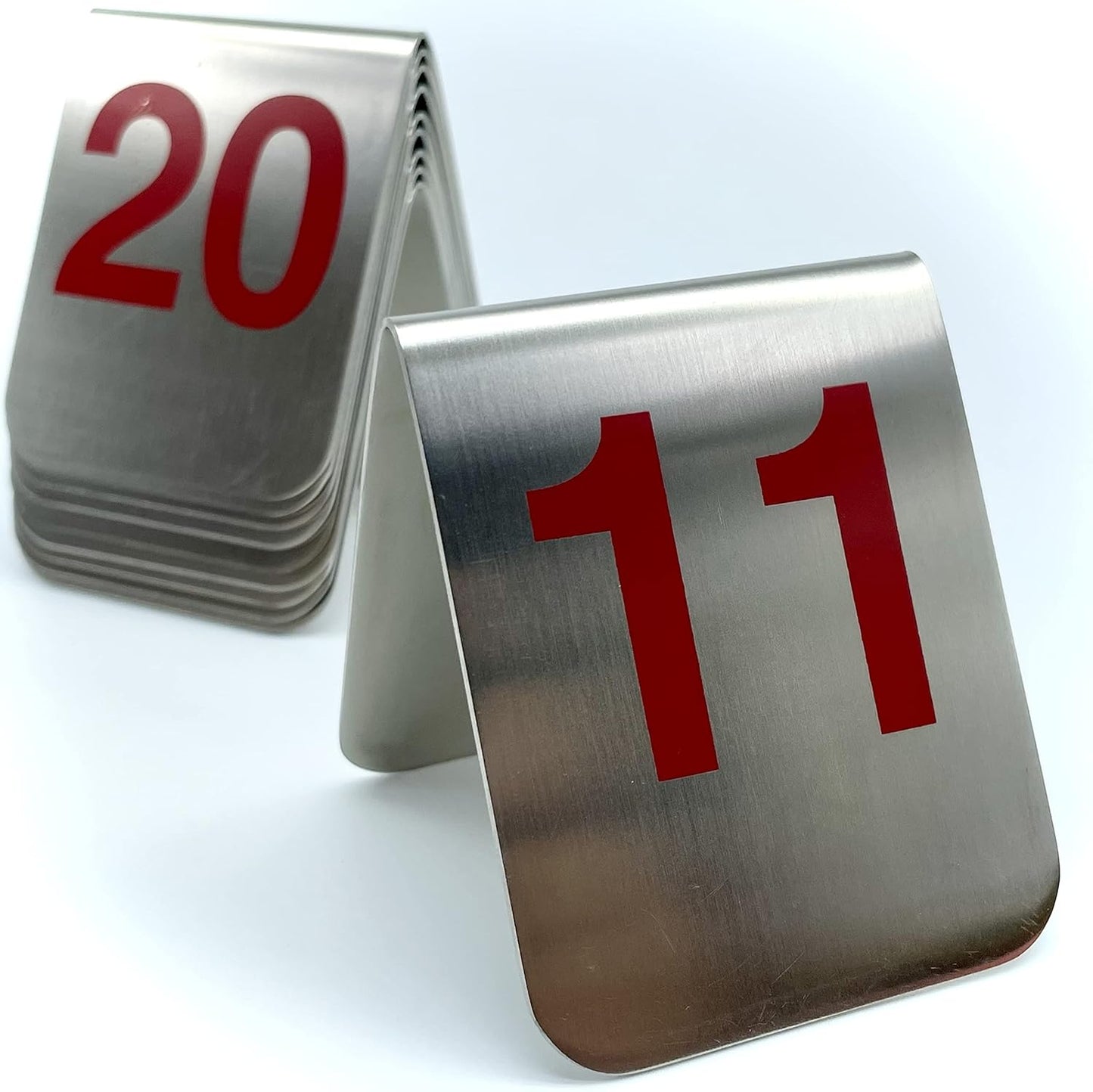 10 Pcs Metal Place Cards Stackable Tent Style Table Numbers,Place Card Holders for Celebration Wedding Party Restaurants Cafes Bars Gatherings meeting Room Board Game Serial (Medium 11-20, Red)