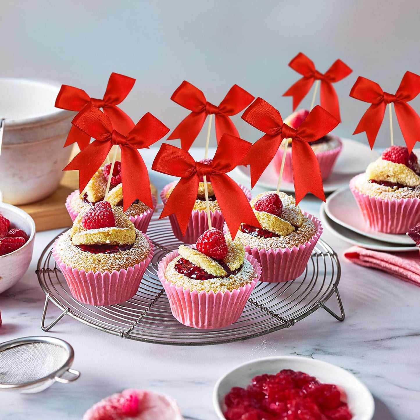 Gyufise 24Pcs Bow Cupcake Toppers Coquette Bow Girls Birthday Cake Decorations Bowknot Cake Toppers Bowknot Cupcake Picks for Baby Shower Birthday Wedding Bridal Engagement Party Supplies Red