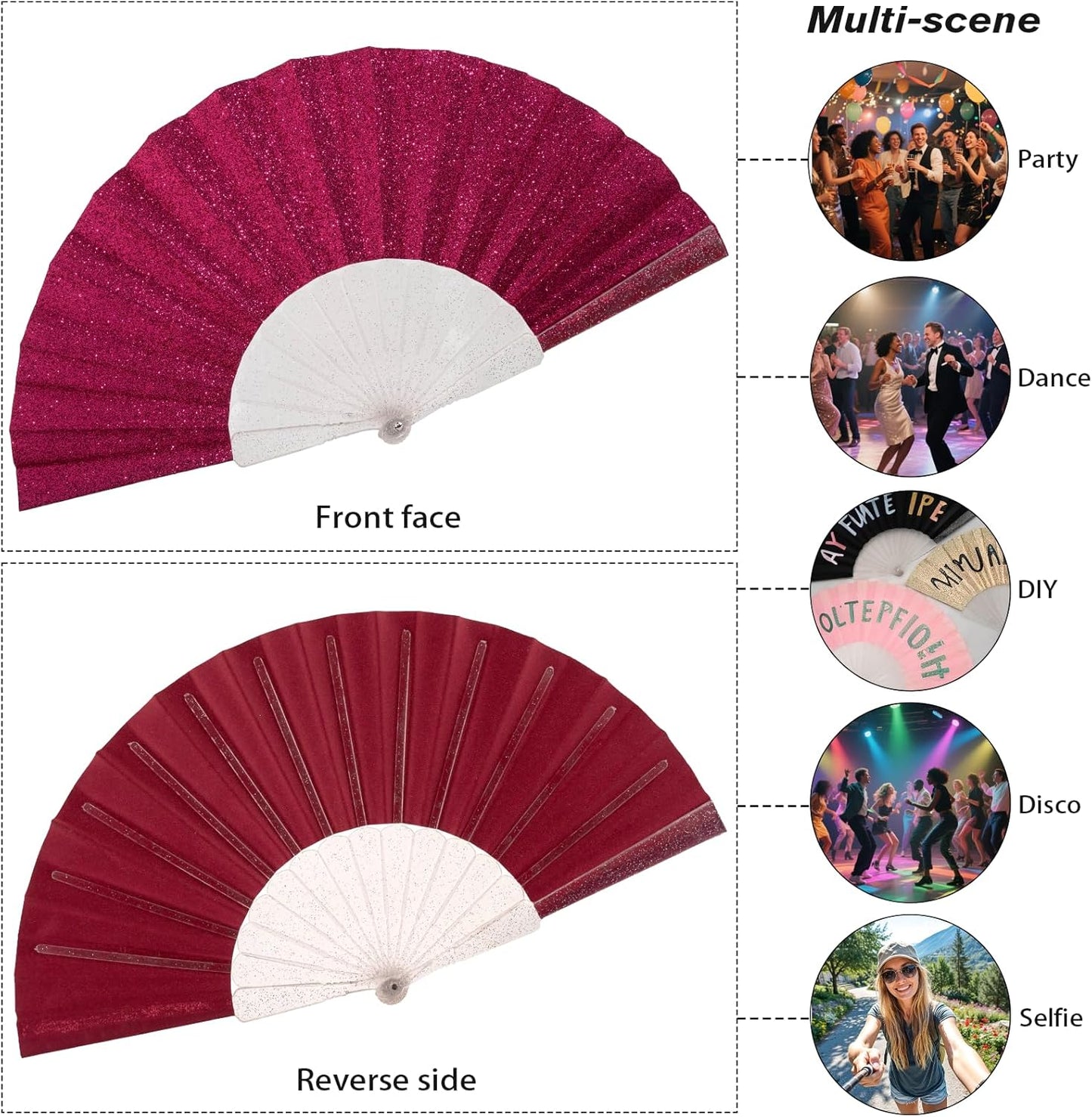 48 Pack Handheld Fan,Folding Hand Glitter fan with Shining Transparent Fan Rib – Ideal for Wedding, Church, Festival, Dance, Tea Party, Club, and EDM Accessories, Deep pink