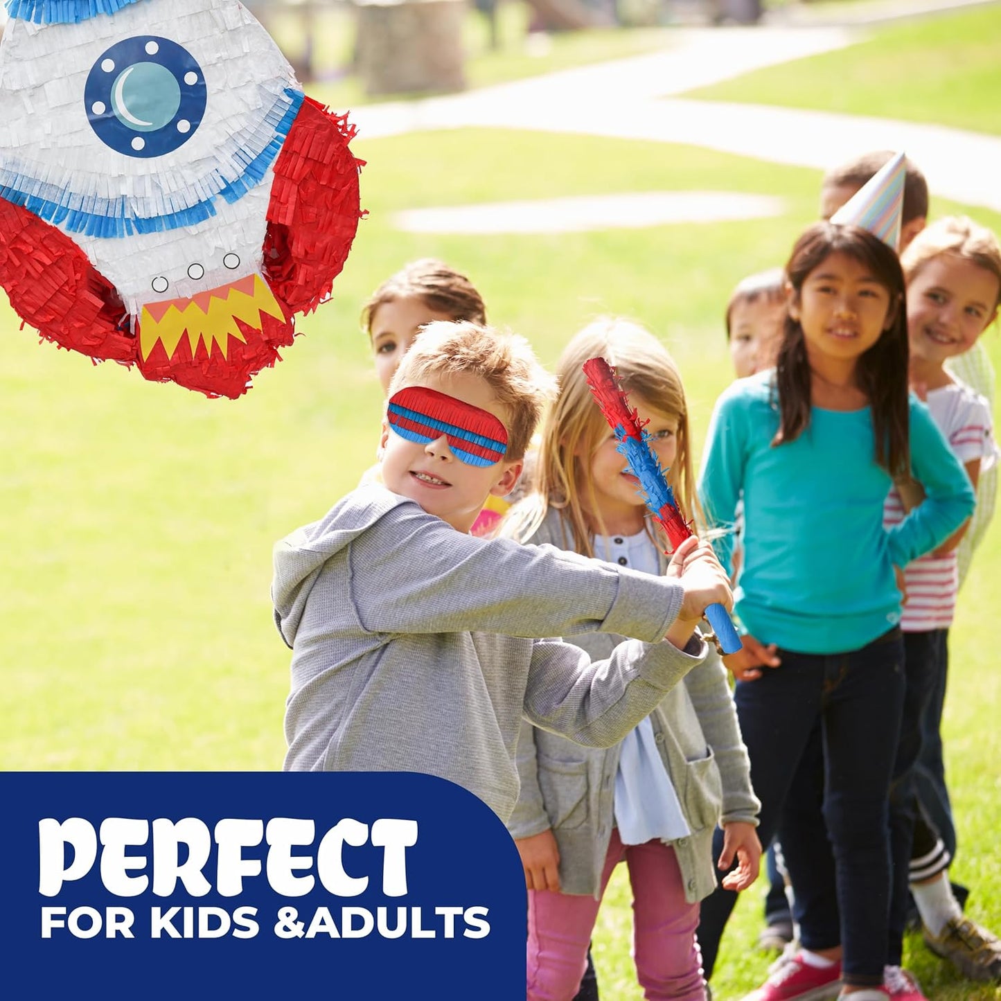 Rocket Pinatas Bundle with a Blindfold and Bat(16.5x11.4x4 Inches), Perfect for Boy's Birthday Party Supplies, Space Theme Birthday, Decoration for Kids Party