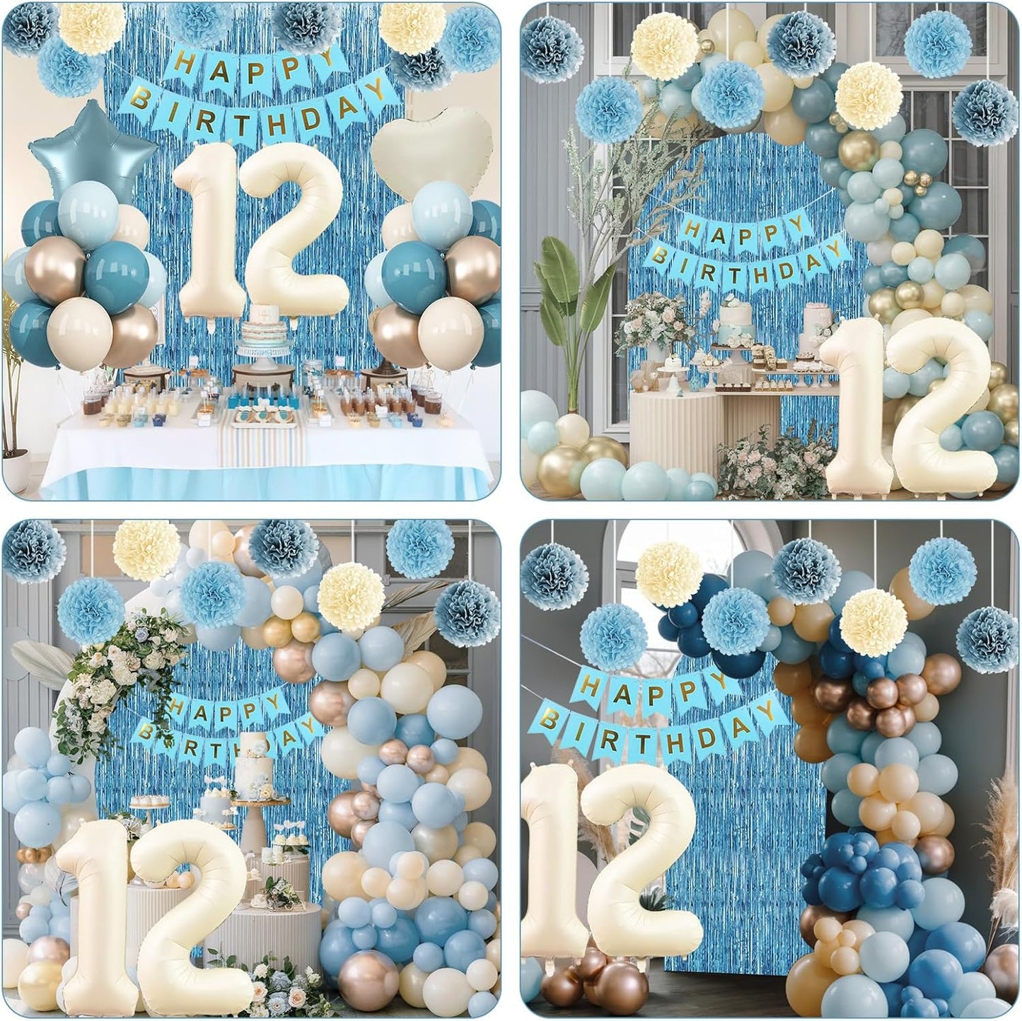 Dusty Blue 12th Birthday Party Decorations Boys Girls Beige Cream Number 12 Balloon with Blue Gold Happy Birthday Banner Fringe Curtain Paper Pom Poms Nude White Sand Champagne Star Foil Balloons