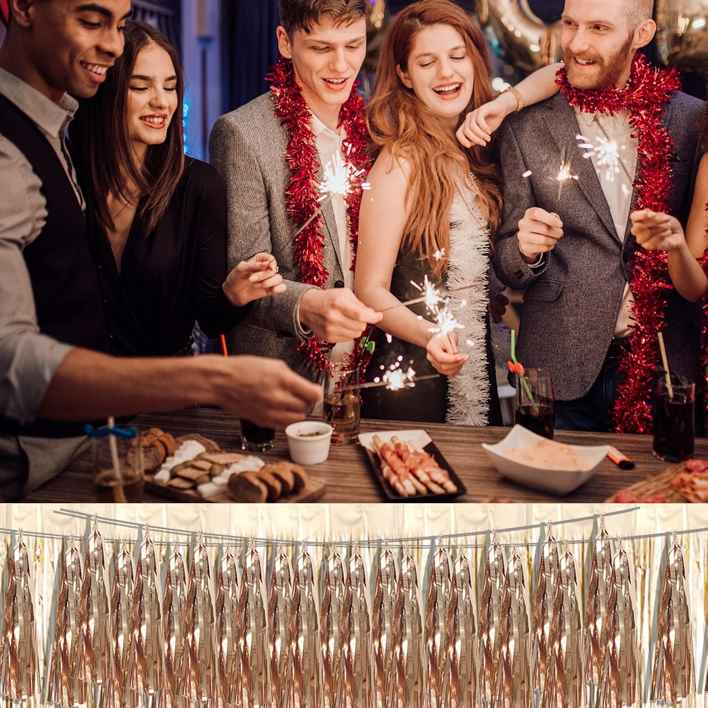 3P Champagne Gold Foil Fringe Metallic Tassel Streamers Banner Tassel Garland for Parade Floats, Bachelorette, Wedding, Birthday, Halloween, Christmas, Bridal/Baby Shower Party Decorations