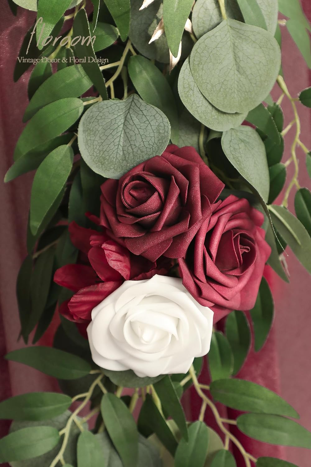 Floroom 6ft Artificial Eucalyptus Garland with Flowers Fake Greenery Faux Floral Vine Garland for Table Decor Wedding Centerpieces Bridal Shower Party Decorations, Burgundy & White